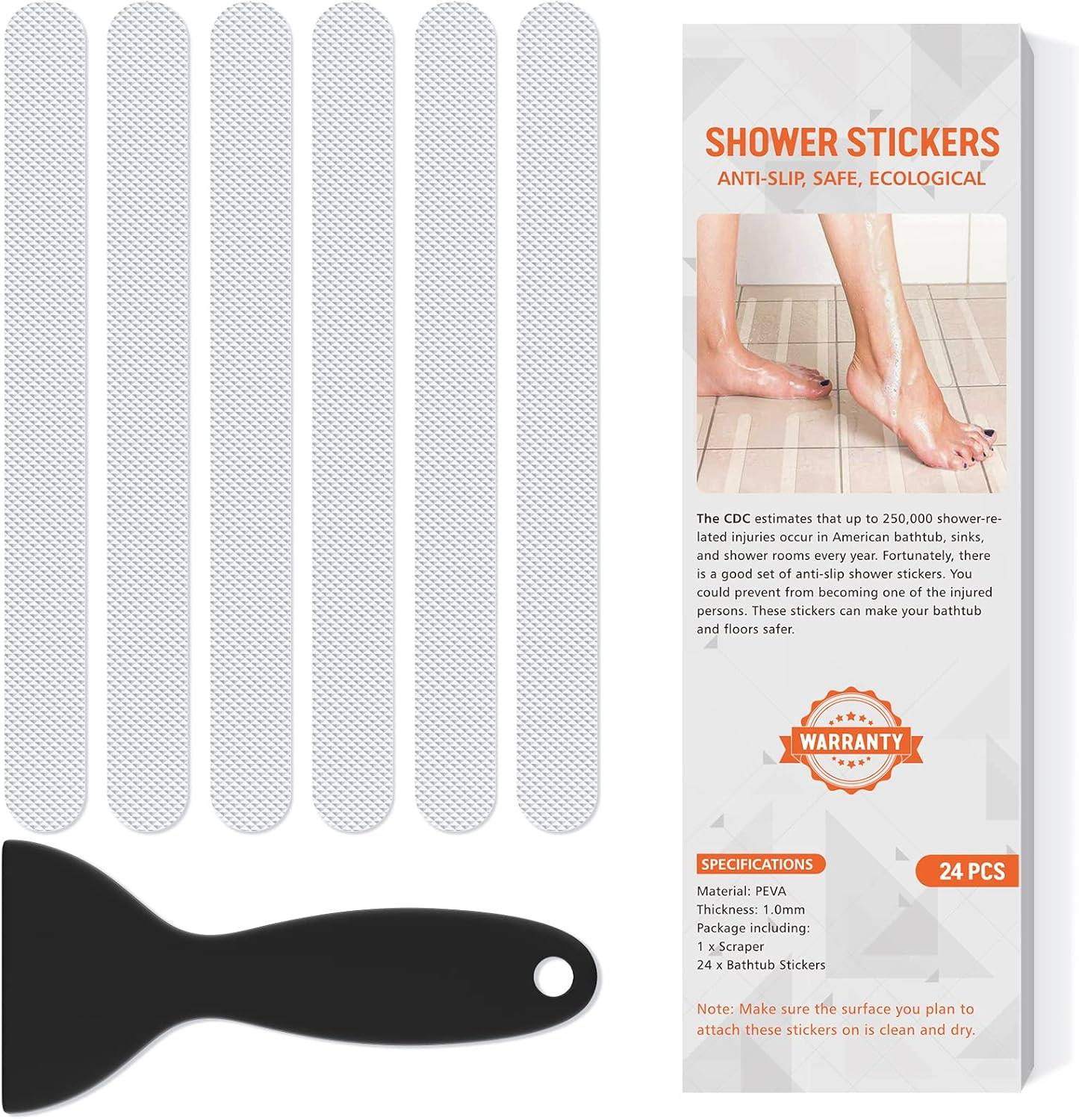 Non Slip Bathtub Stickers, 24 PCS Shower Stickers for Safety Bathroom Tubs, Bathtub Non Slip Stickers and Adhesive Decals Scraper for Bath Tub, Shower Floor, Stairs, Ladders(Clear)