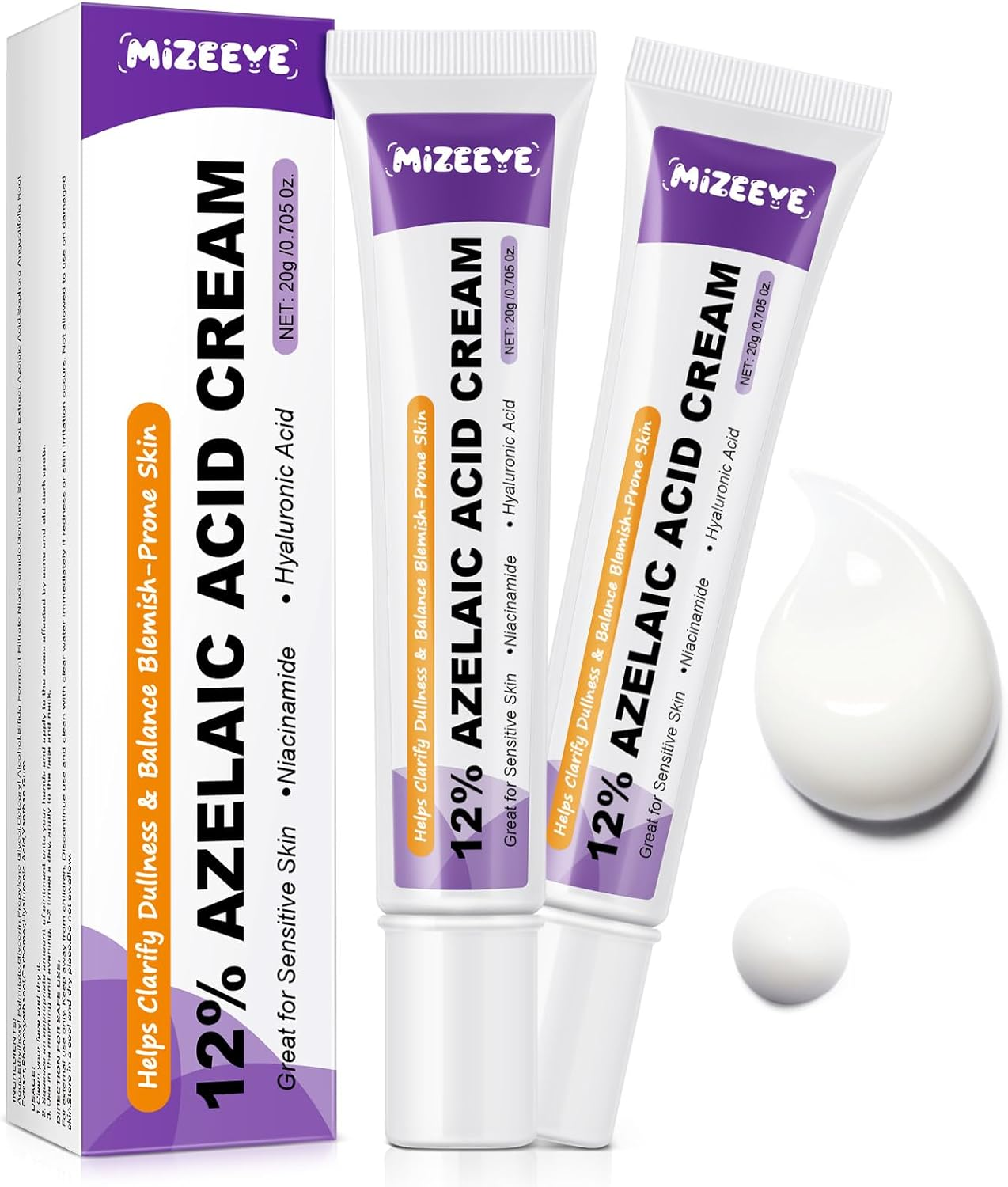 12% Azelaic Acid Cream with Niacinamide & Hyaluronic Acid, Face Moisturizer for Dark Spots, Acne, Redness & Pore Care, Azelaic Acid Serum for Sensitive Skin, Balances Oil, 20 G