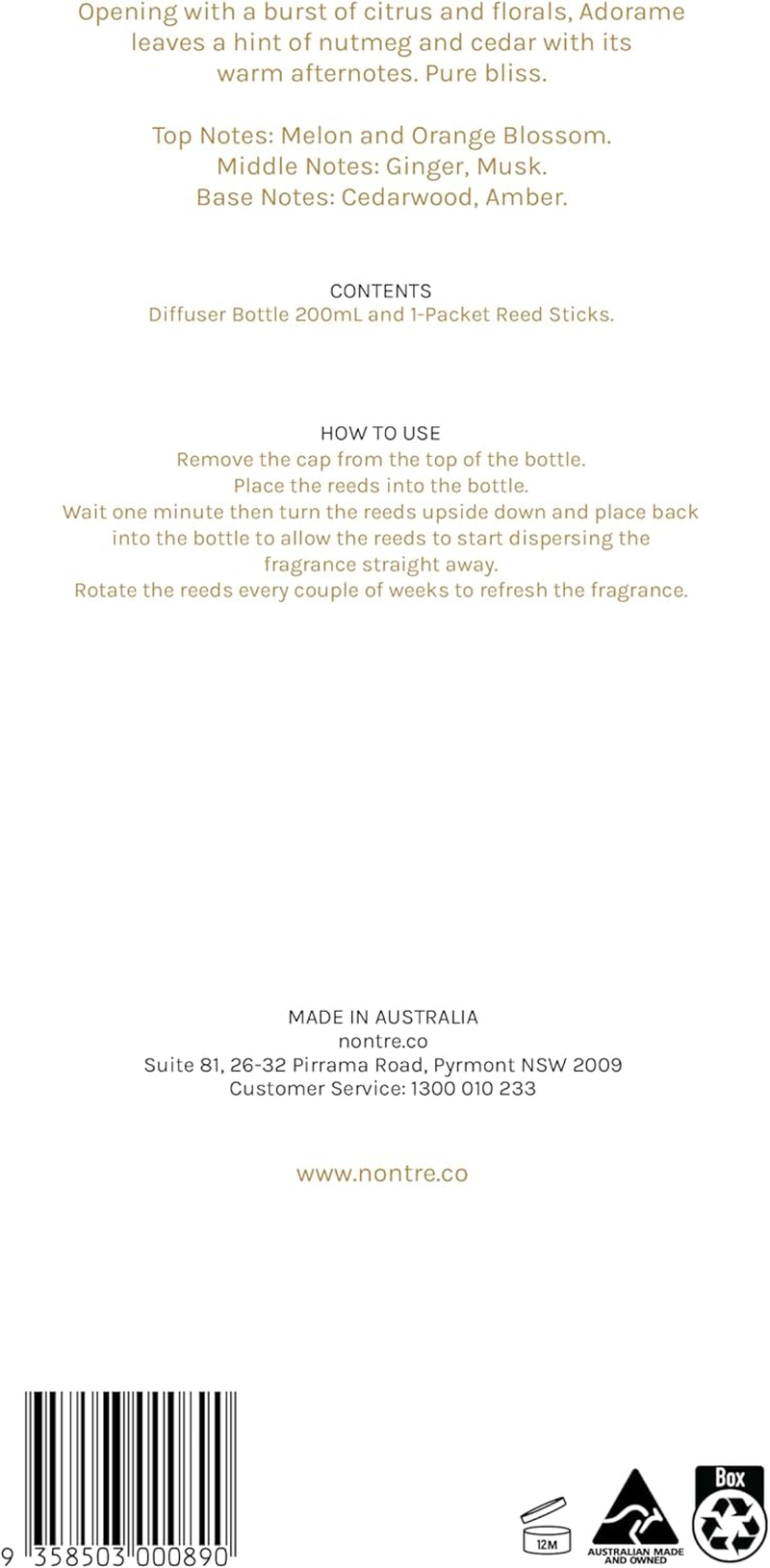 Nontre, Reed Diffuser, Adorame, 6 Bamboo Reeds, Delicate, Exotic Aroma with Extreme Scent Longevity, Aromatherapy Reed Diffuser, 200Ml image number 3