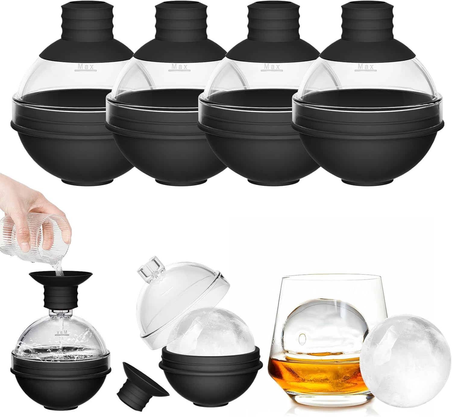 CCILIYC Silicone Ice Cube Moulds, 4 Pack Large Ice Ball Maker Mould with BPA Free Plastic Lid, Flexible round Ice Cube Moulds Easy to Pop Out, Sphere Ice Trays for Freezer Whiskey, Gin, Cocktails image number 2