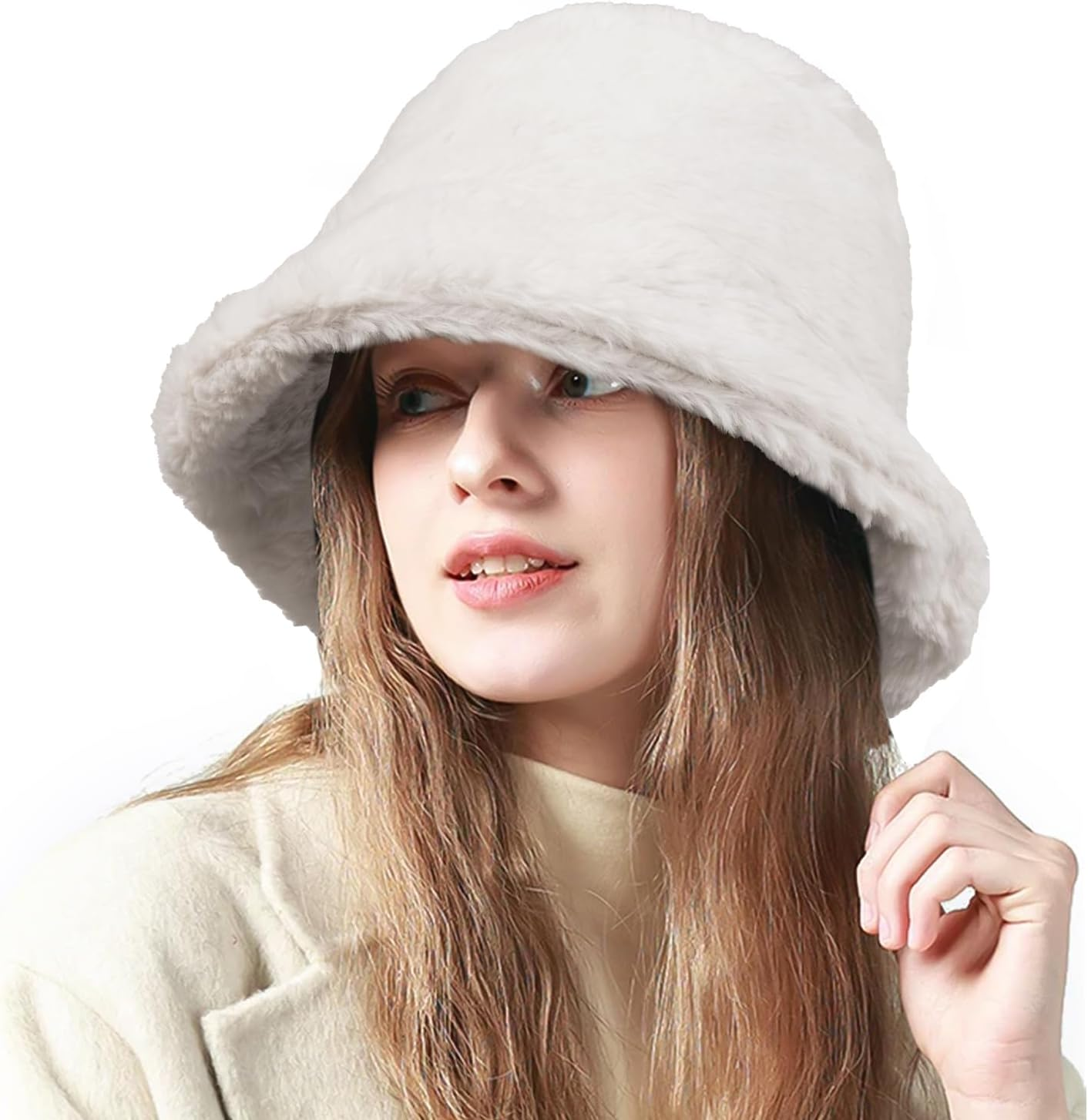 Fluffy Faux Fur Bucket Hat Winter Warm Hat for Women Men - A Caramel image number 7