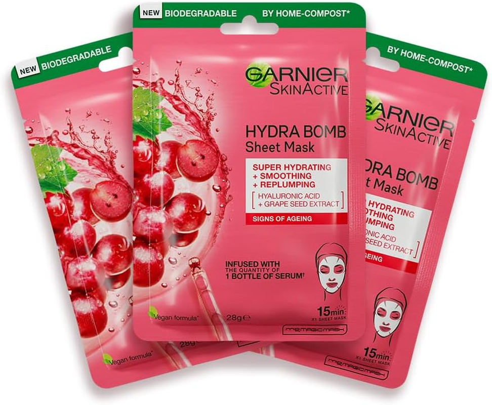 Garnier Hydra Bomb Hyaluronic Acid Grape Seed anti Ageing Sheet Mask (3 Pack) image number 2