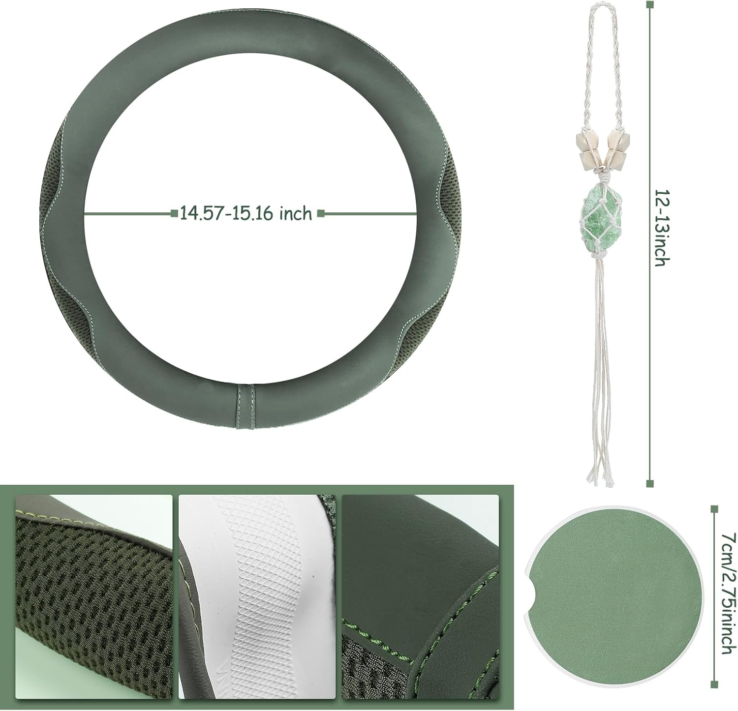 BBTO 4 Car Accessory Set, Steering Wheel Cover, Ceramic Coasters, Daisy Flower Clip Air Freshener, Crystal Hanging Ornament for Women(Sage Green) image number 2