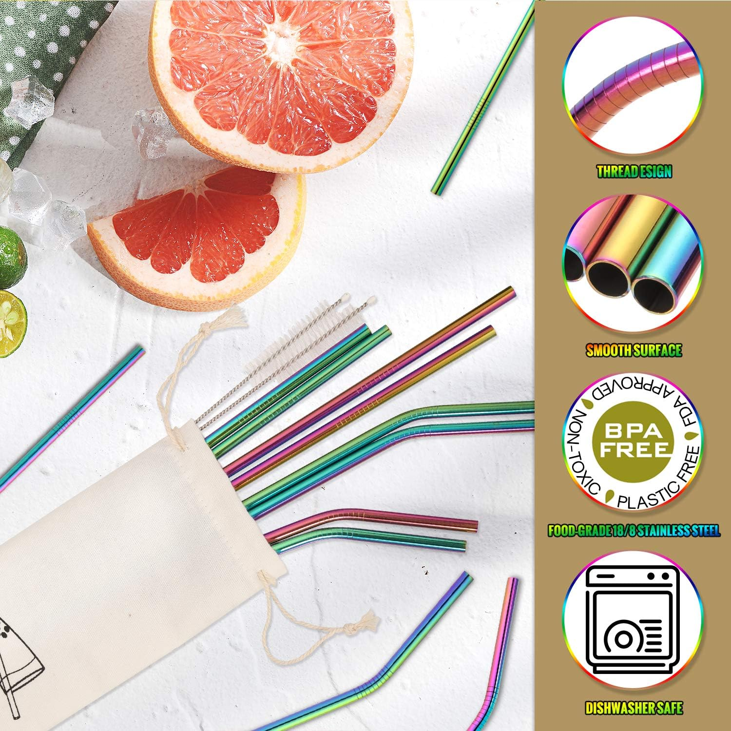 Reusable Metal Straws Rainbow Color with Travel Case - Hiware 12-Pack Stainless Steel Drinking Straws for 30Oz / 20Oz Tumblers Dishwasher Safe, 2 Cleaning Brushes Included image number 4