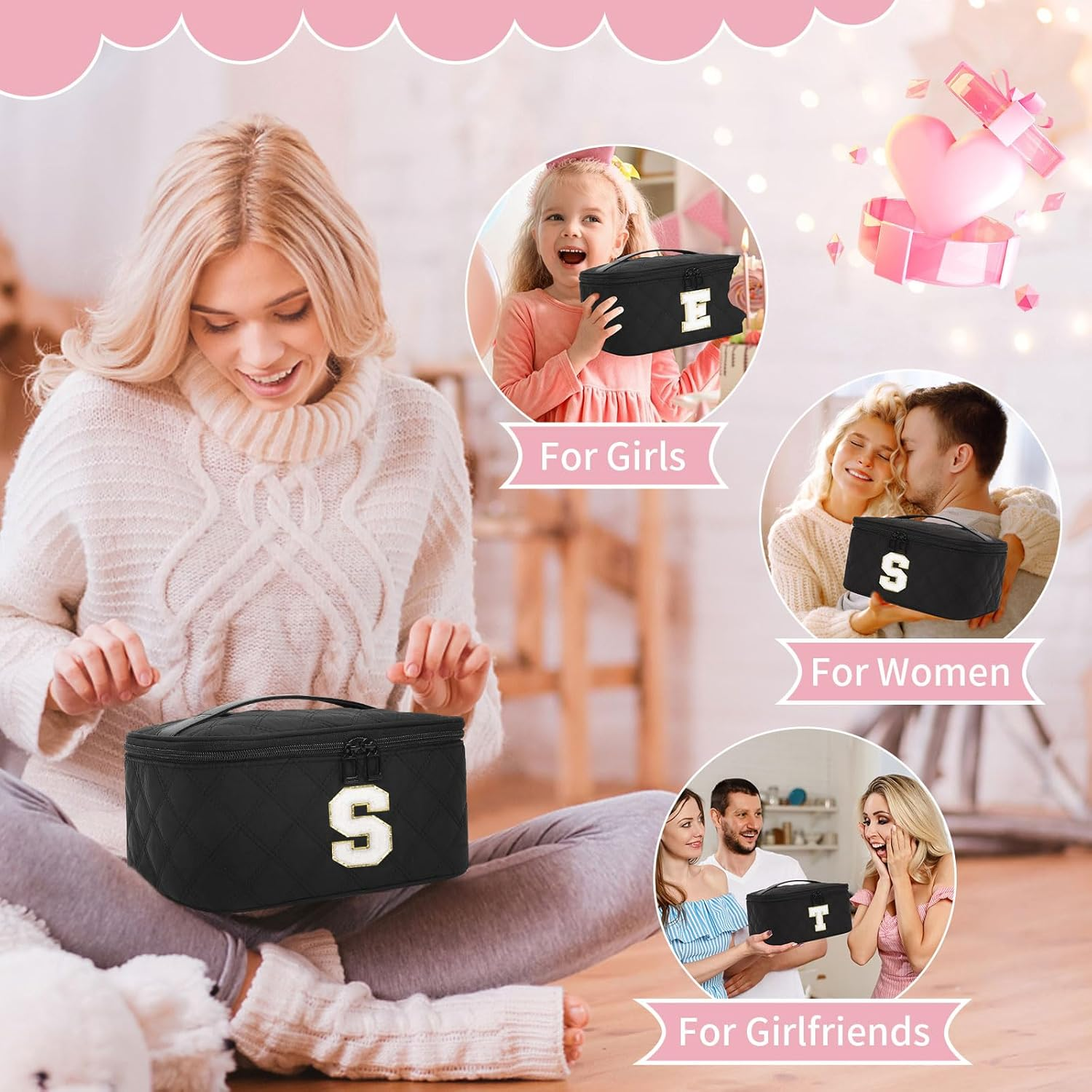 OCHEAL Makeup Bag for Women, Monogram Cosmetic Bag with Brush Holder,Black Travel Makeup Case Beauty Toiletry Bag Organizer Personalized Gifts for Girls Bridesmaid, Sister, Wife, Friends Initial S image number 3