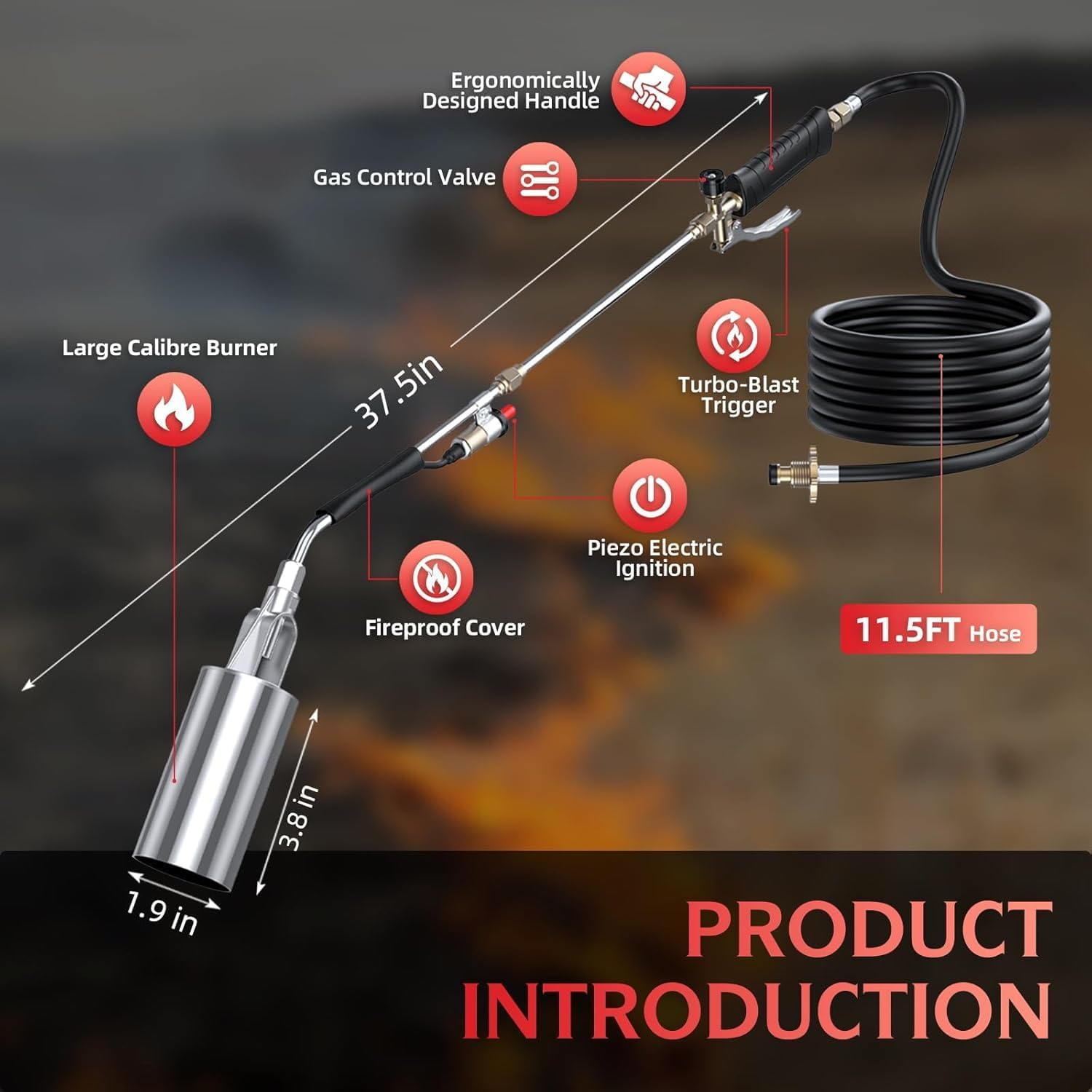 Propane Torch Weed Burner Kit, High Output with Long/Short Mode,11.5Ft Hose Heavy Duty Blow Torch with Flame Control and Turbo Trigger for Weeding, Roof Asphalt, Road Marking