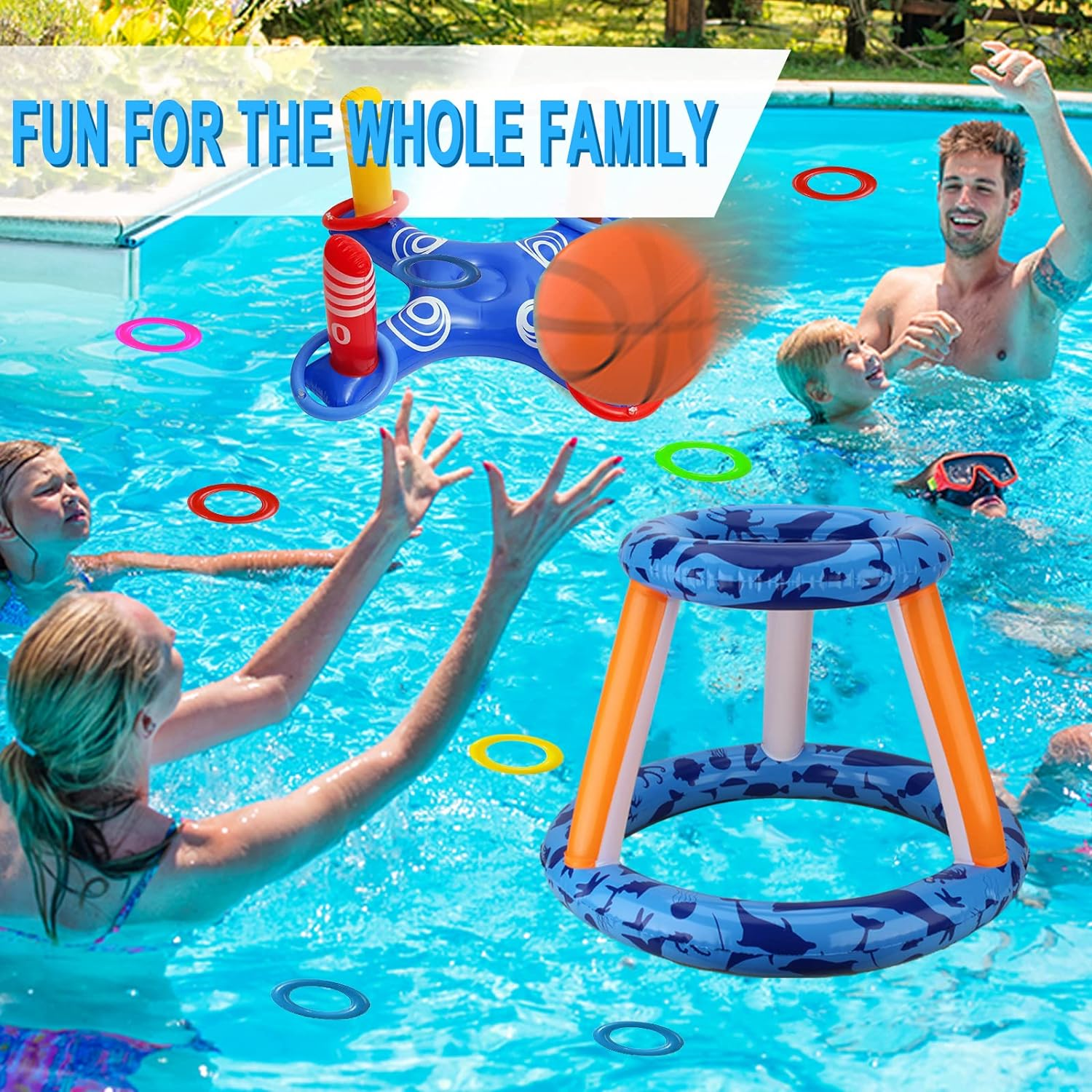 Pool Toys Games Set, Inflatable Pool Basketball Hoop & Ring Toss Game, Summer Water Games Pool Toys for Swimming Pool Party, Fun Swimming Water Sport for Kid, Teens, Adults and Family