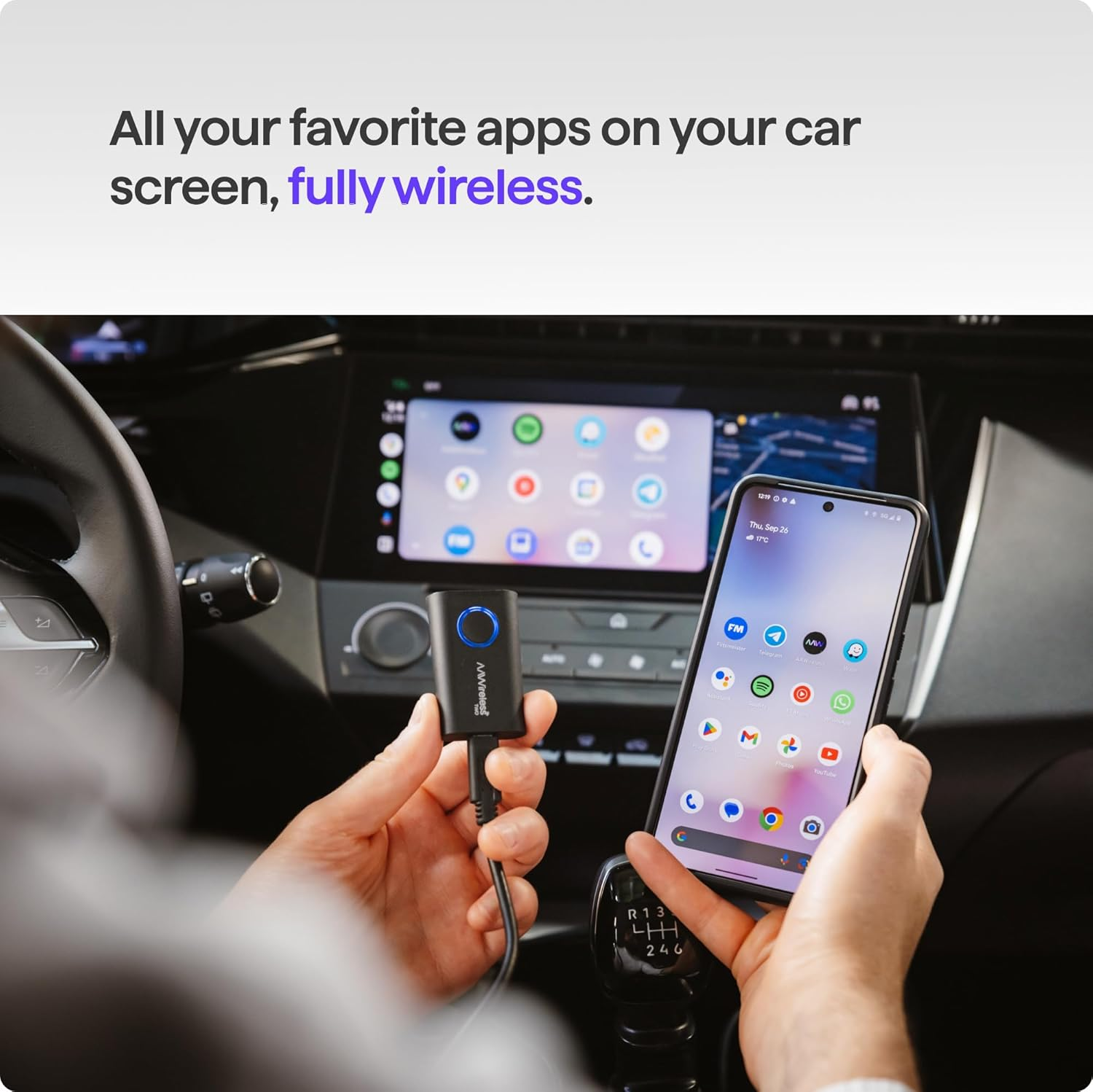 Aawireless Two+ Android Auto & Apple Carplay 2-In-1 Adapter &mdash; Wireless Connection via Bluetooth & Wifi &mdash; Suitable for Ios 10+ & Android 11+ &mdash; Multifunctional Button &mdash; Made in Europe image number 5