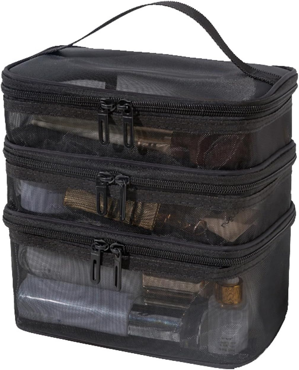 TRADERPLUS Triple Double Layer Travel Makeup Bag Mesh Bag for Women Cosmetic Cases Make up Organizer Toiletry Bags (Black)