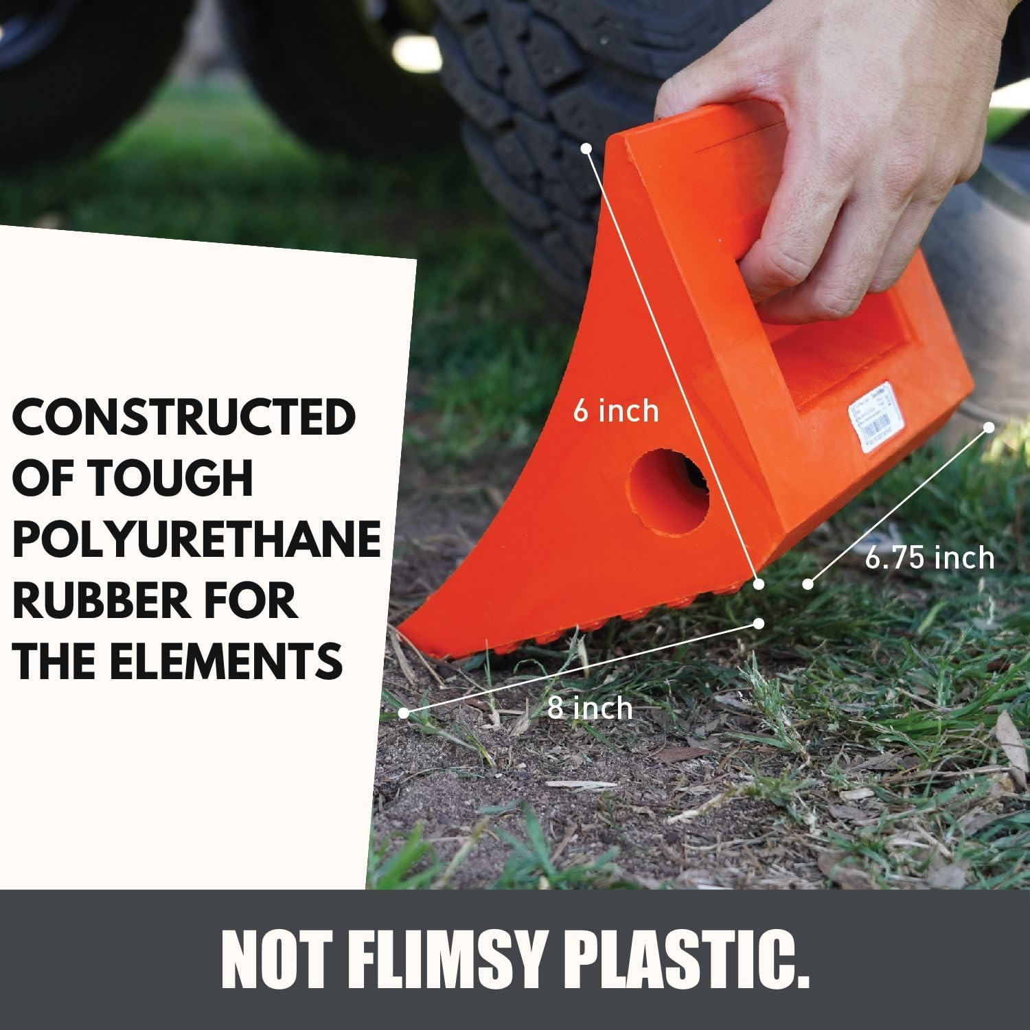 SECURITYMAN 2 Pack Wheel Chocks - Constructed of Heavy Duty Solid Rubber for 20,000 Lbs of RV, Trailer, Truck, Camper - Perfect on All Surfaces and in All Weather - Orange image number 2