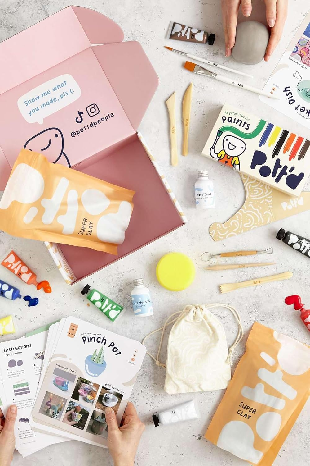 Pott'D&trade; Home Air-Dry Clay Pottery Kit for Beginners, Pottery Kit for Adults. Kit Includes: Air-Dry Clay for Adults, Tools, Paints, Brushes, Sealant, How-To-Guide, Gift - Regular Paints