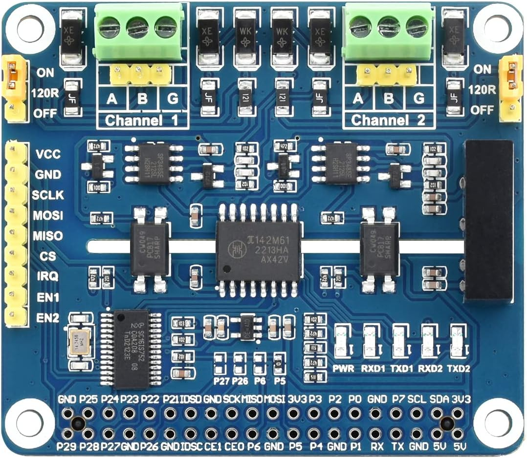 Waveshare 2-Channel CAN Bus Expansion HAT for Raspberry Pi MCP2515 + SN65HVD230 Dual Chips Solution