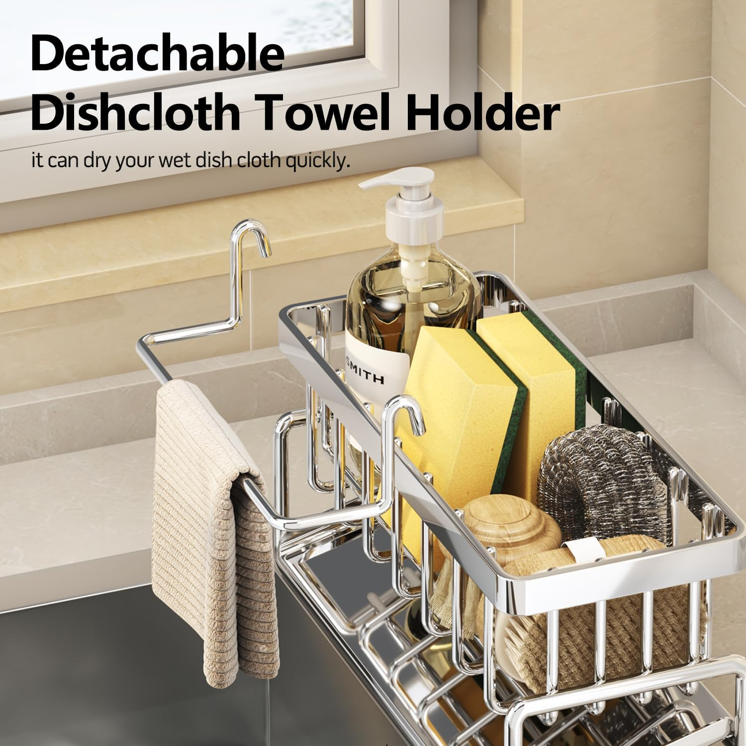 Beauty Nymph Sponge Holder for Kitchen Sink Storage Rack Kitchen Organizer Soap Brush Dispenser Sink Caddy Organizer with Dishcloth Towel Holder image number 6