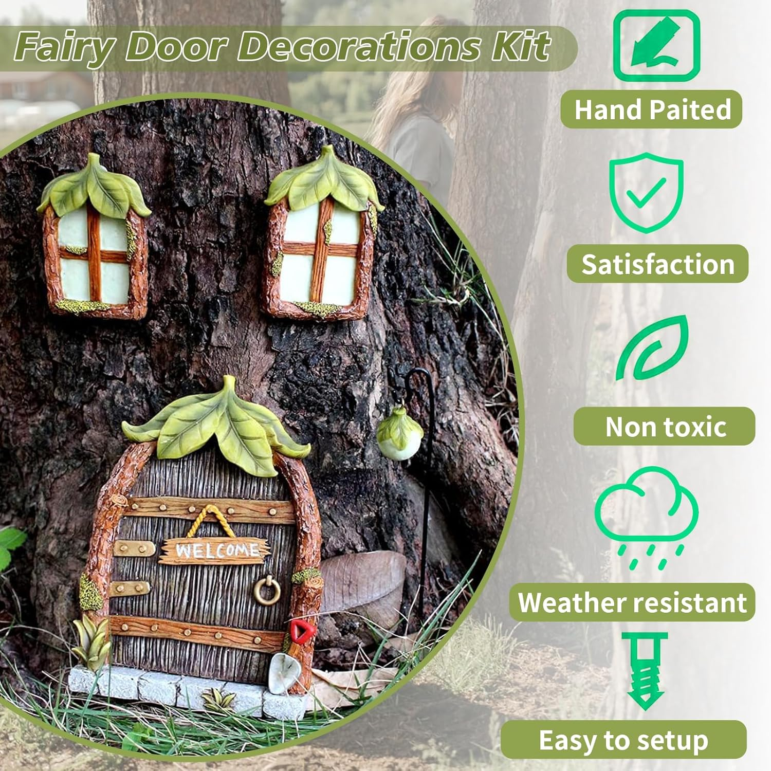 4PCS Fairy Door Decorations Kit, Fairy Door & Window Resin Set, Garden Miniature Fairy Tree Ornaments, Windows Glow in the Dark, Decoration Garden Lawn Ornament, Outdoor Decor Accessories (4) image number 3