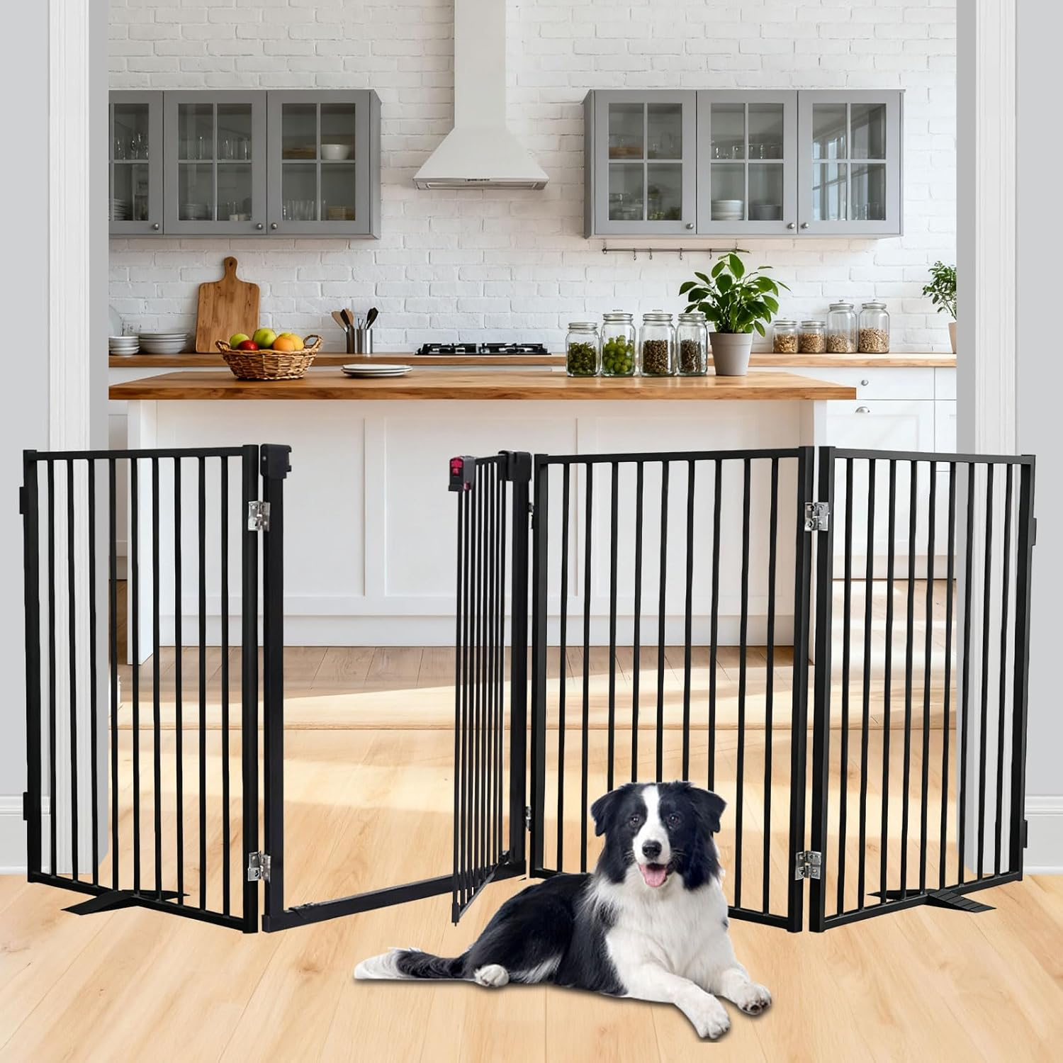 2 Panels Metal Dog Gate for Doorways Folding Pet Barrier, Adjustable Indoor Outdoor Dogs Fence with Support Feet Freestanding Dog Gates Indoor, Black, 132&times;76 Cm
