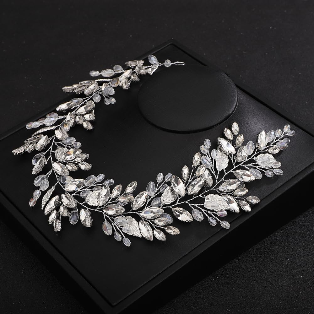 Teyglen Leaf Bride Wedding Hair Vine Bridal Crystal Headband Handmade Gold Leaf Crystal Beads Hair Piece Bohe Rhinestone Headpieces Wedding Hair Accessories for Women Girls, Alloy, Rhinestone, Leaf, - Gold-Green image number 3