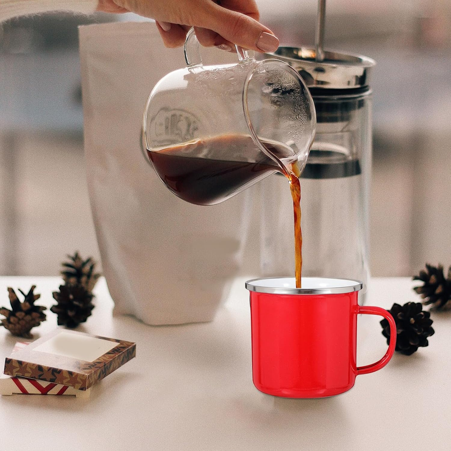 NESTINGHO Enamel Campfire Mug with Burn-Preventing Stainless Steel Rim Insulated Hot Drink Cup for Camping Office Travel Iron Enamel Construction for Coffee Tea and More