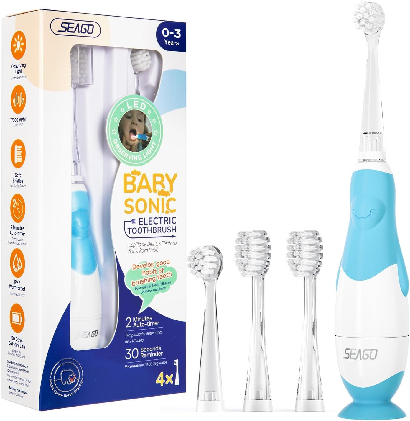 SEAGO Kids Electric Toothbrushes for Baby 0-3 Years, Toddler Toothbrush with Smart Timer and Suction Base, 4 Replacement Brush Heads, LED Observing Light SG-513 (Blue)