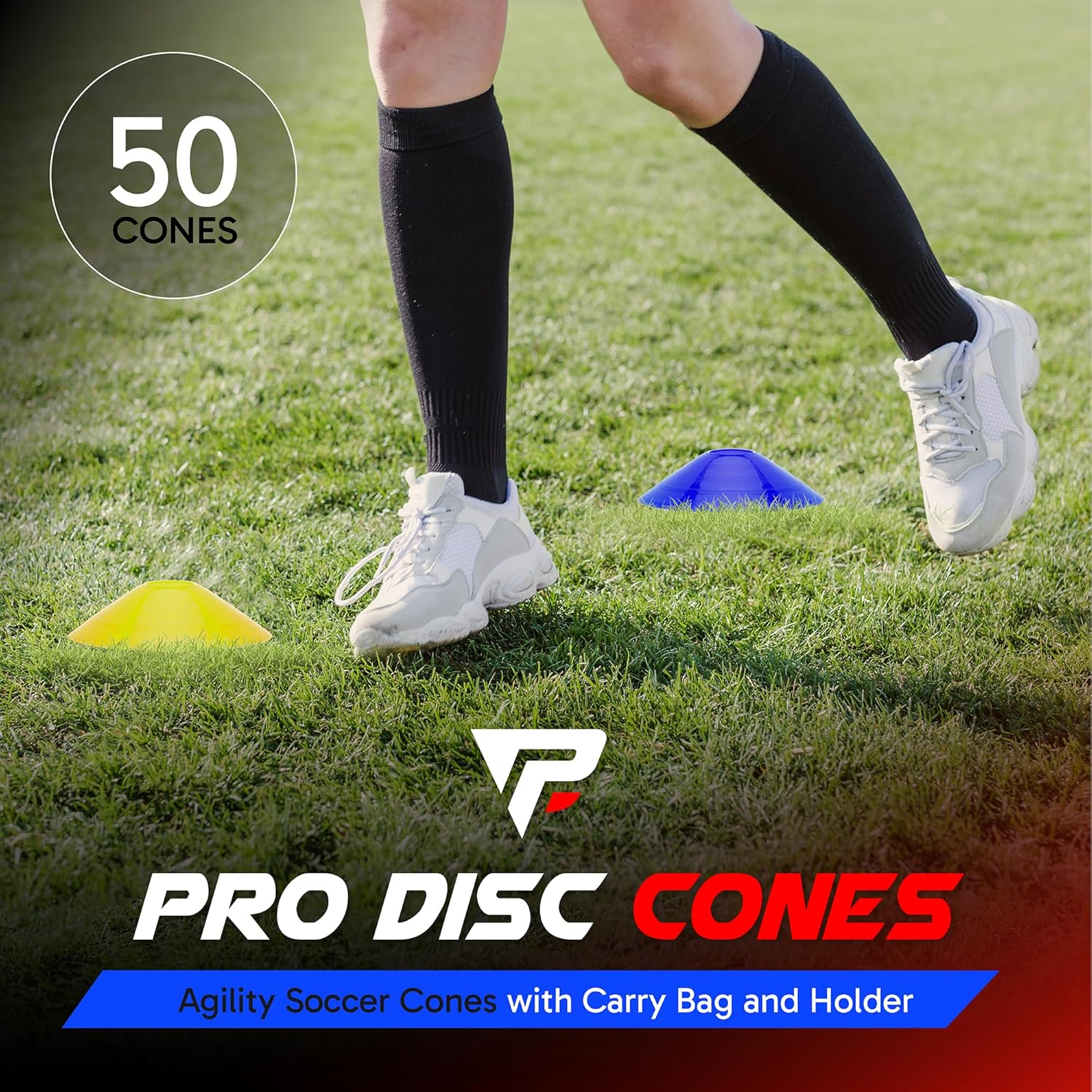 Pro Disc Cones (Set of 50) - Agility Soccer Cones with Carry Bag and Holder for Sports Training, Football, Basketball, Coaching, Practice Equipment, Kids - Includes 15 Best Cone Drills Book - Blue And Red image number 6