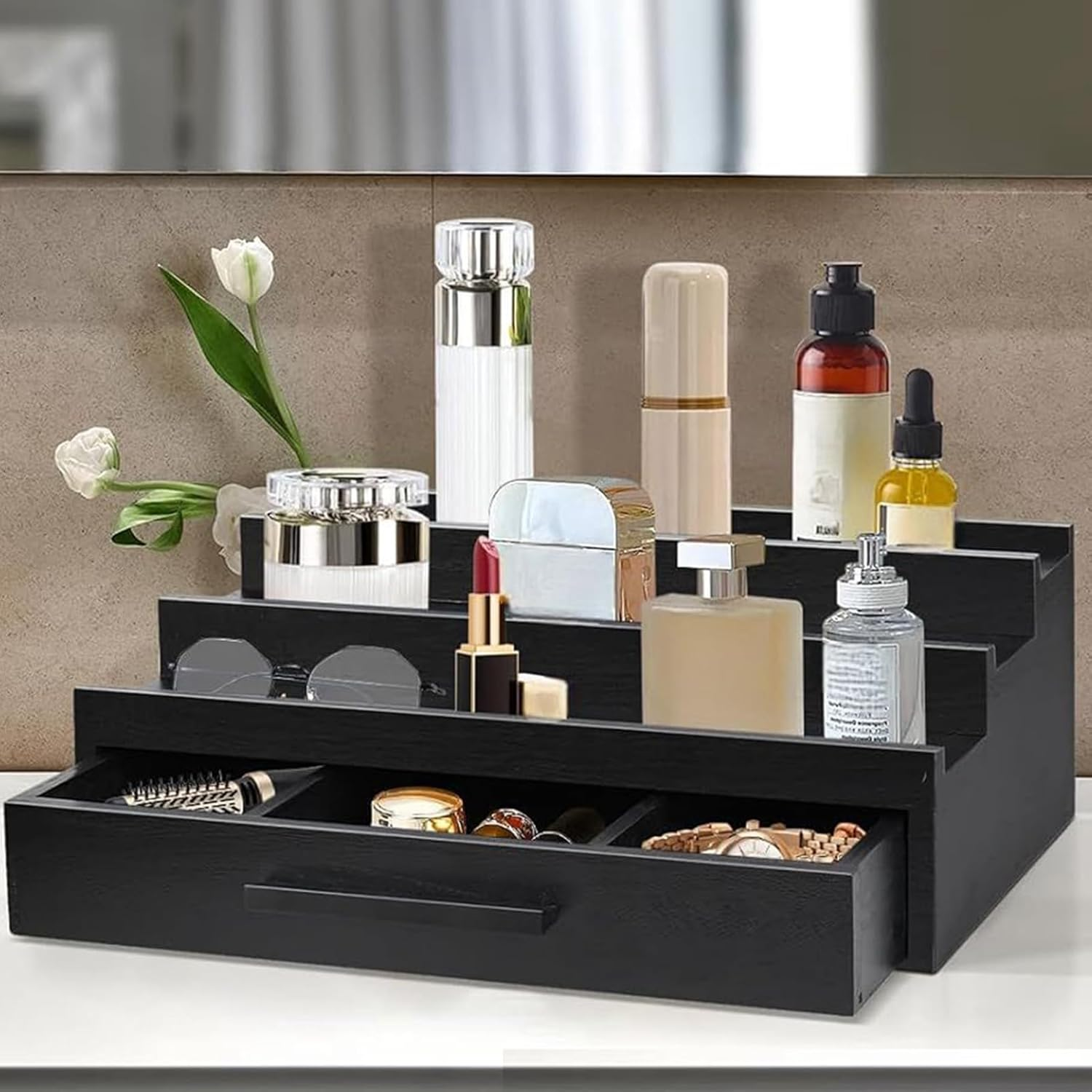 Perfume Rack Organizer | Fragrance Rack Three-Layer Perfume Holder | Perfume Rack, Wooden Perfume Stand, Black Perfume Organizer with -Drawers for Watches, Room image number 5