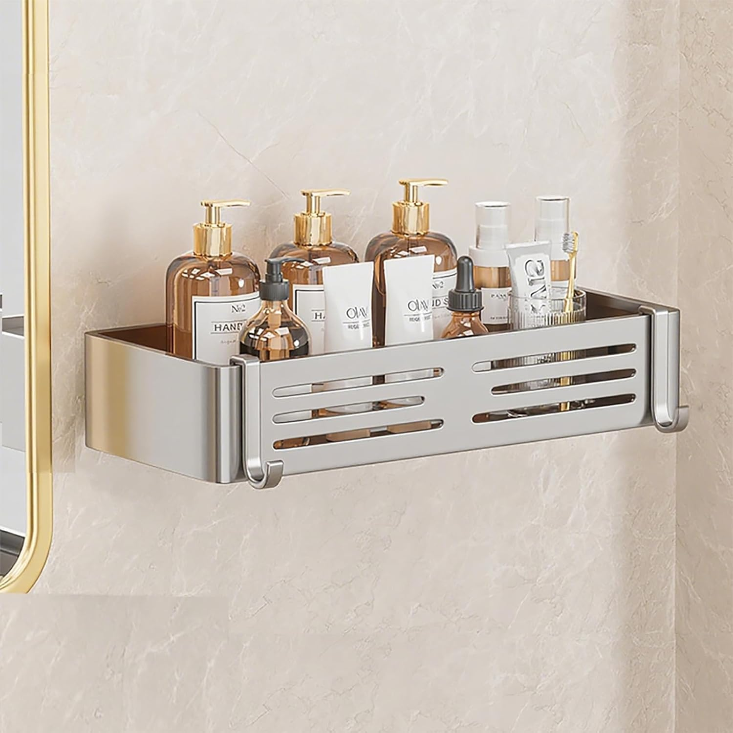 Rectangle Shower Caddy, Damage-Free Bathroom Shelf, Minimalist Style Organizer Rack, Holds Shampoo, Conditioner, Razors, Soap (Big) image number 5