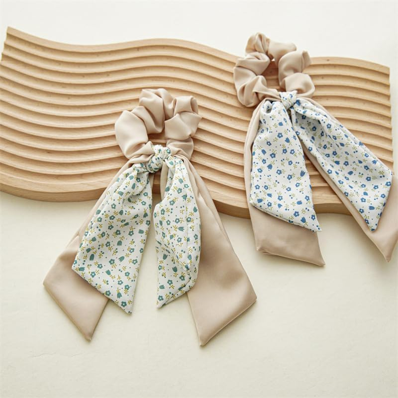 Double Hair Scarf Scrunchies with Ribbon Ties, Bow Scrunchies for Women Girls, Chiffon Floral Scrunchie Short Hair Bows Ties Ponytail Holder (4PCS) (Set 1, One Size) image number 3