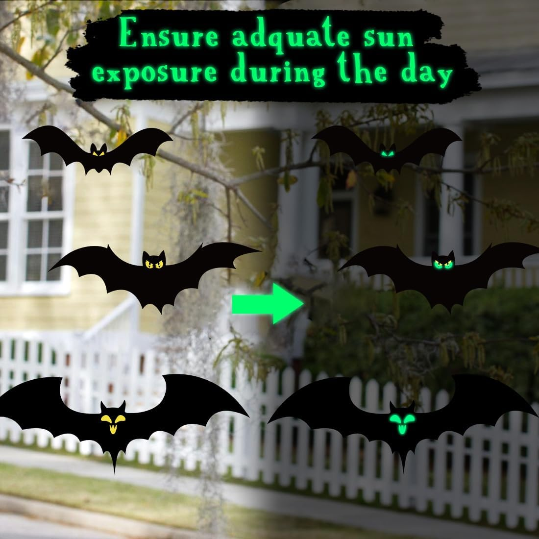 13 PCS Hanging Bats Halloween Decoration Outdoor Black Plastic Bats with Glowing Eyes Different Size Flying Bats Halloween Decor Hanging in the Tree, Porch, Yard, Lawn, Indoor image number 4