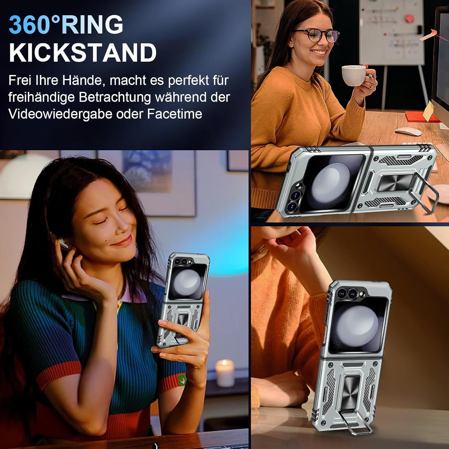 Mobile Phone Case for Samsung Galaxy Z Flip 5 Case with Slide Camera with Camera Protection Galaxy Z Flip 5 Protective Case 360&deg; Rotating Metal Ring Stand Shockproof for Samsung Z Flip 5 5G (Grey) image number 2