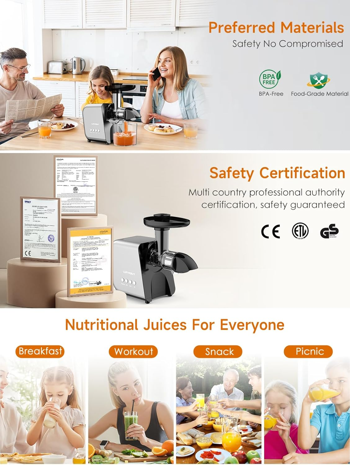 Cold Press Juicer Machines Vegetable Fruit, Slow Masticating Juicer 250W High Juice Yield for Celery, Carrot, Ginger - Easy Clean, Bpa-Free, Soft/Hard/Reverse Function, 15-Year Motor Warranty - Meteorite Gray image number 3