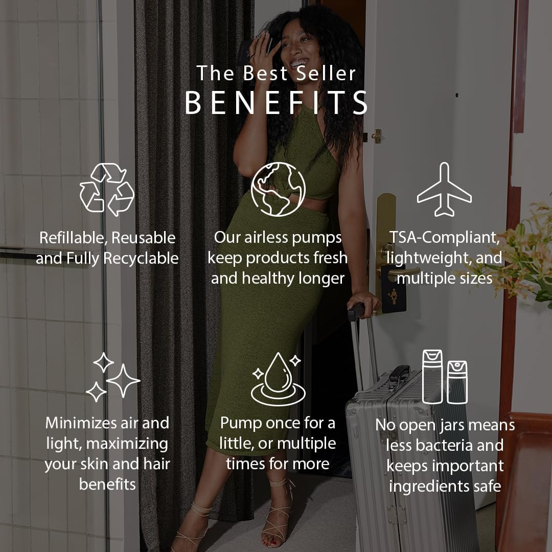 RIES Essential Refillable Toiletry Travel Bottles &ndash; Set of 5 (3.4Oz & 1.7Oz) Airless Pump Containers for Shampoo, Conditioner, Body, Face &ndash; Leak-Proof, Tsa-Approved, Dishwasher Safe- Runaway Blue image number 3