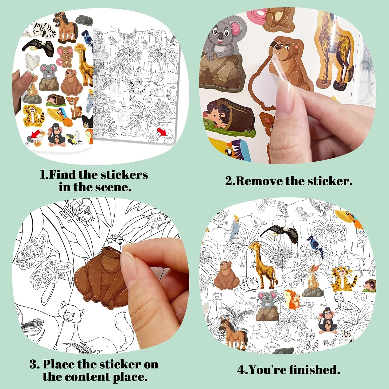 Elfew Find the Animal Sticker Book for Kids Ages 3+, Include 20 Hidden Theme Stickers for Kids, Learning & Educational Travel Toy, Find over 450+ Hidden Object image number 3