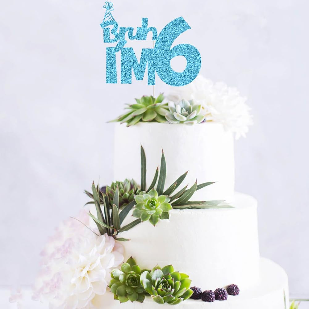 XIUHUBA Bruh I'M 6 Cake Topper, Happy 6Th Birthday Cake Decor, Kids Boys 6Th Birthday Party Decorations, Funny Six Years Old Birthday Party Supplies Blue Glitter image number 3