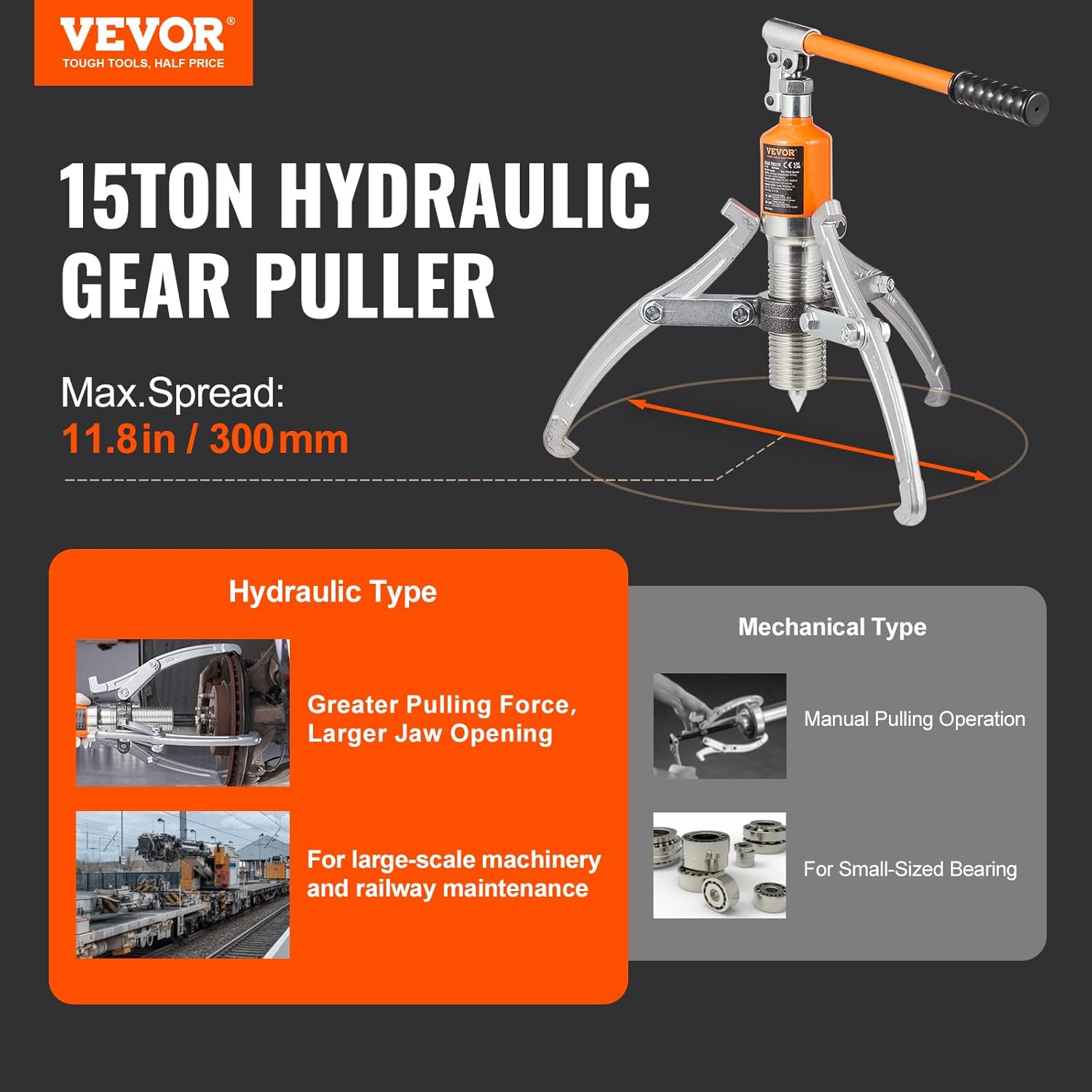 VEVOR Hydraulic Gear Puller, 15 Ton Max Capacity Wheel Bearing Pulling Separator, 2 or 3 Jaws Puller, Vertically and Horizontally, 12" Jaw Hydraulic Puller with Case for Pulling Hubs image number 4