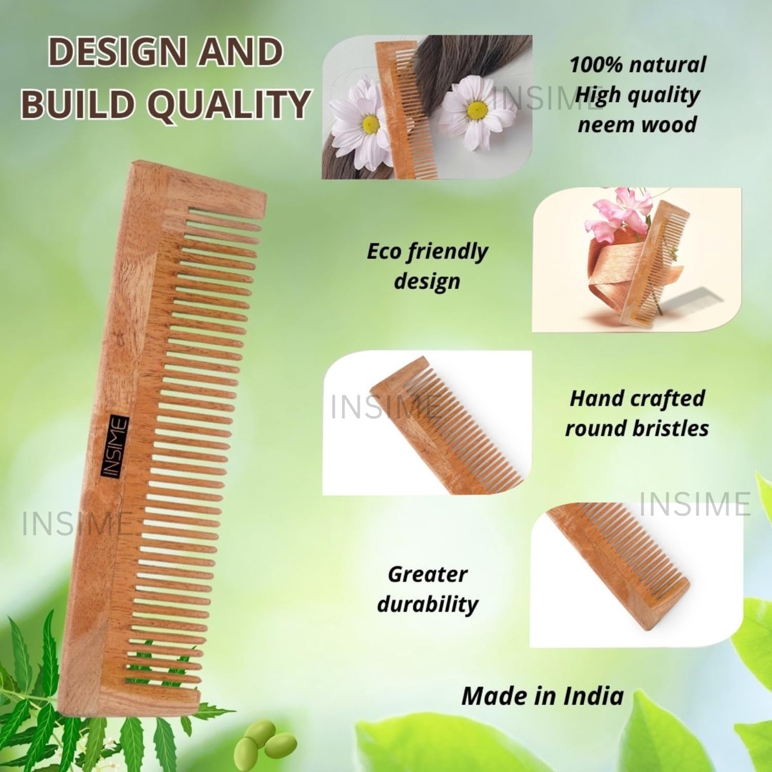 INSIME Neem Wooden Comb for Women Hair Growth | Kacchi Herb Treated Neem Wood Comb for Men Women | Wide Tooth Hair Comb for Men & Women (Pack of 2) image number 5
