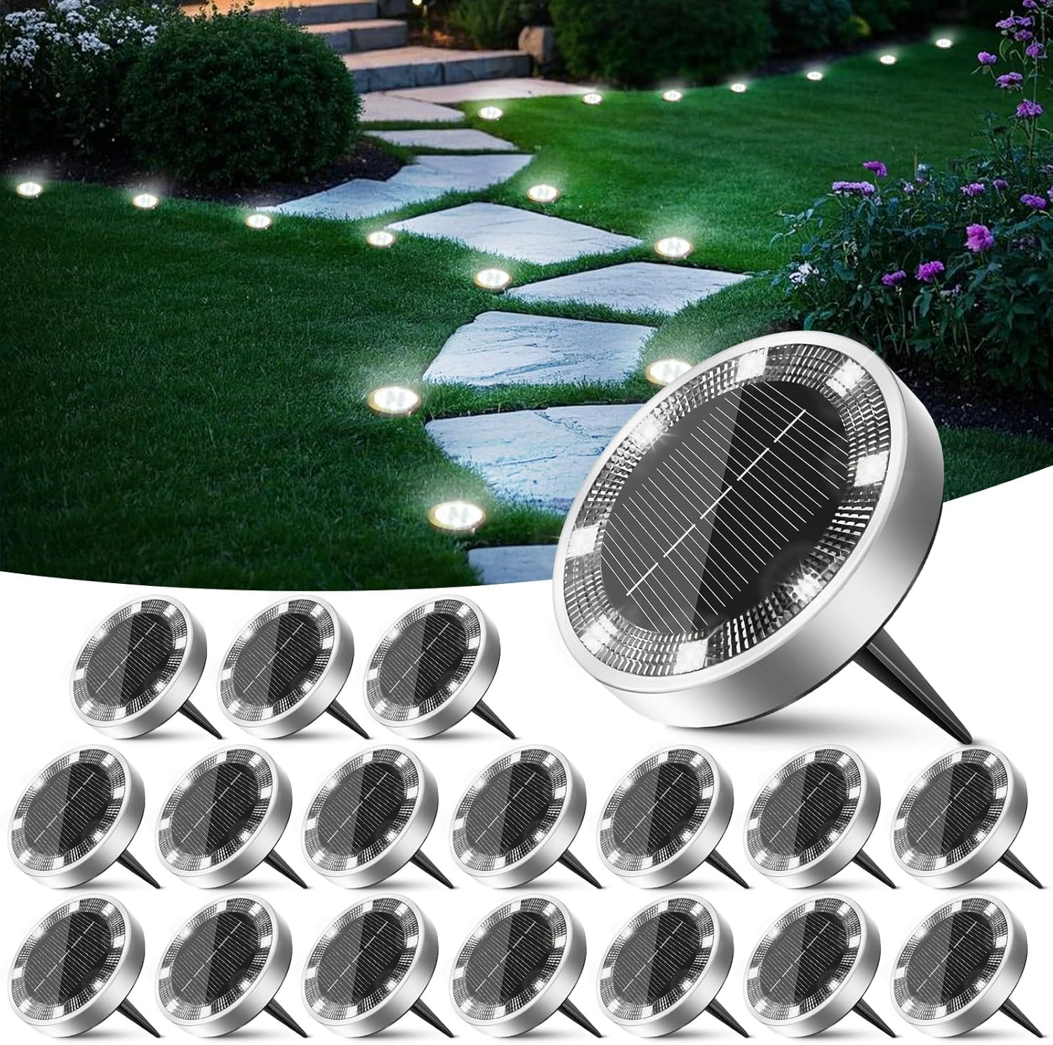 Peasur Pack of 24 Solar Floor Lights Outdoor, 8 LED Solar Lights for Outdoor Garden Weatherproof Solar Lights Garden Lighting for Ground Path Lawn Walkway Warm White