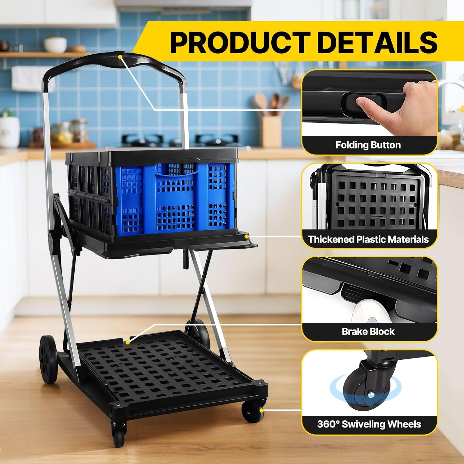 Folding Shopping Cart Trolley with Storage Crates Two Tier Collapsible Cart with Rolling Swivel Wheels for Shopping Picnic and Office image number 4