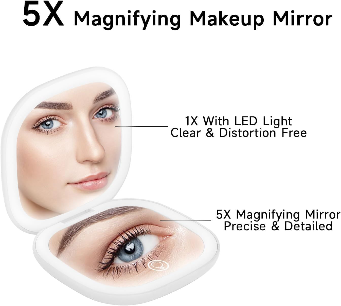 QUMOX 5X Magnifying Lighted Makeup Mirror &ndash; Compact Rechargeable Travel Mirror with LED Light, 3 Color Modes, Dimmable Touch, USB-C Portable Cosmetic Mirror (White) - White image number 4