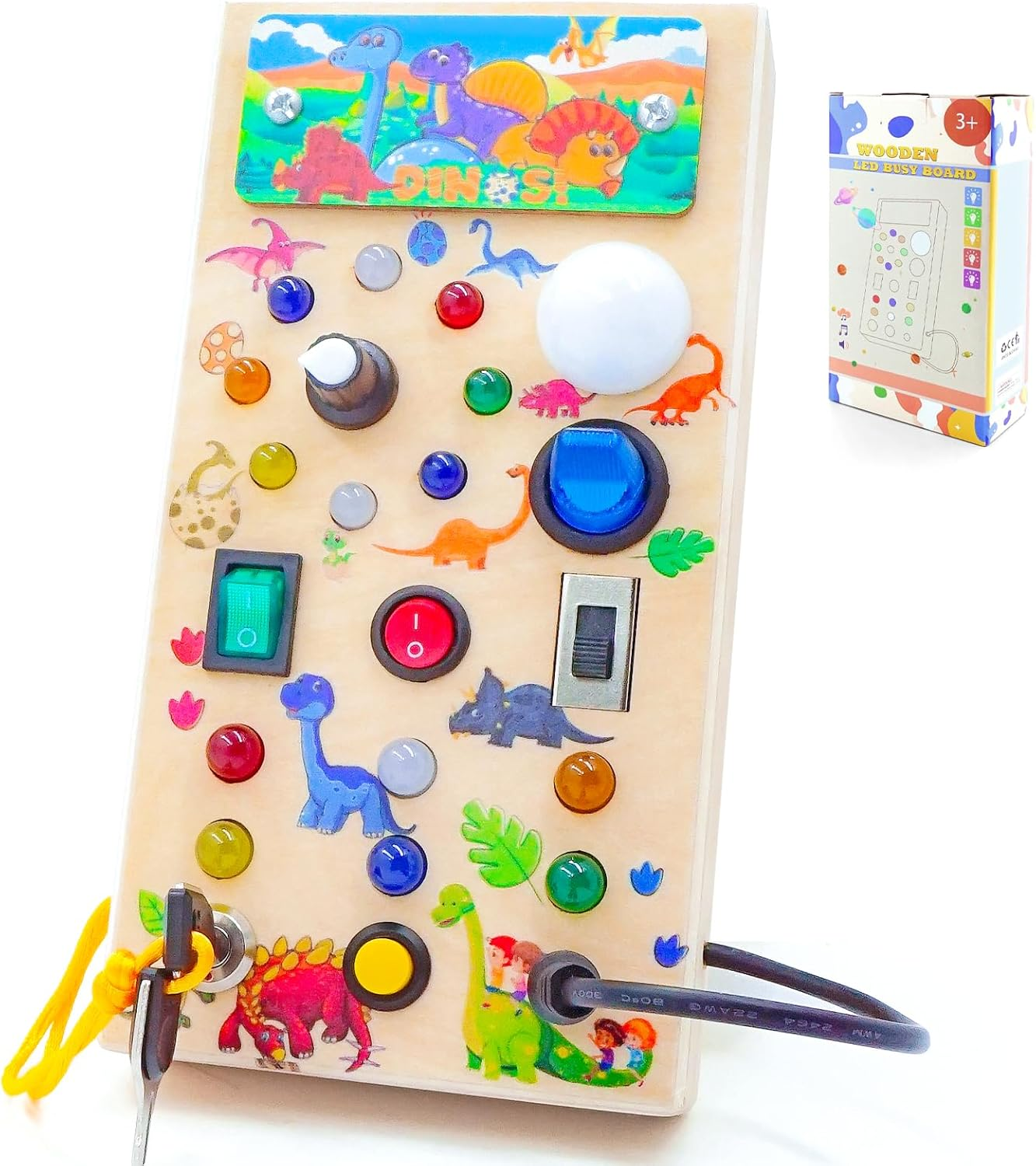 Montessori Toddler Busy Board, Led Dinosaur Wooden Sensory Board Educational Toys Wiht Switch Light Designs, Early Fine Activity Motor Skills Travel Toys for Toddlers Boys and Girls