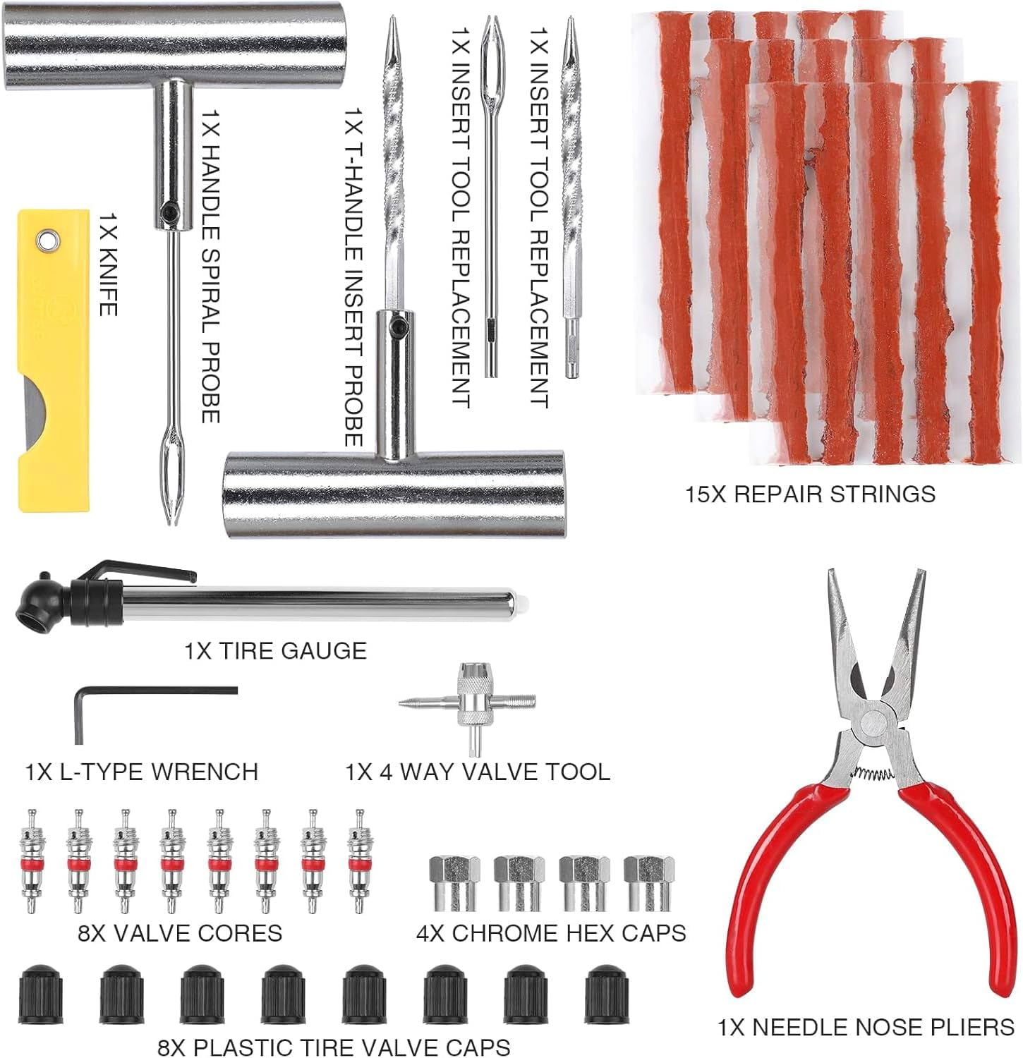 Tire Repair Kit, 46 Pcs Heavy Duty Tire Plug Kit to Fix Punctures, Car Emergency Tool, Universal Plug Flats Patch Kit, Tyres and Connectors Patch Kit for Motorcycle, Truck/Tractor/Trailer/Rv/Suv/Atv image number 5