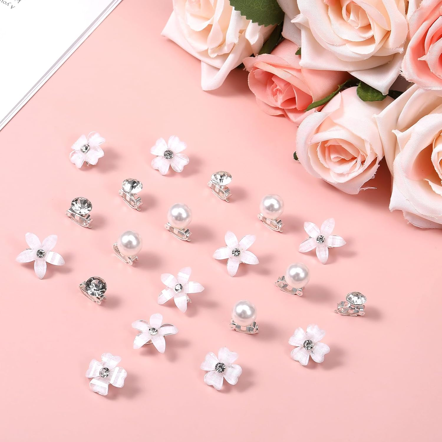 Piriuuo Pack of 20 White Small Flowers Hair Clips, Mini Flower Hair Clips with Rhinestones, Small Decorative Hair Accessories, Cute Flower Girl Hair Accessories, Wedding Hair Accessories for Girls image number 1