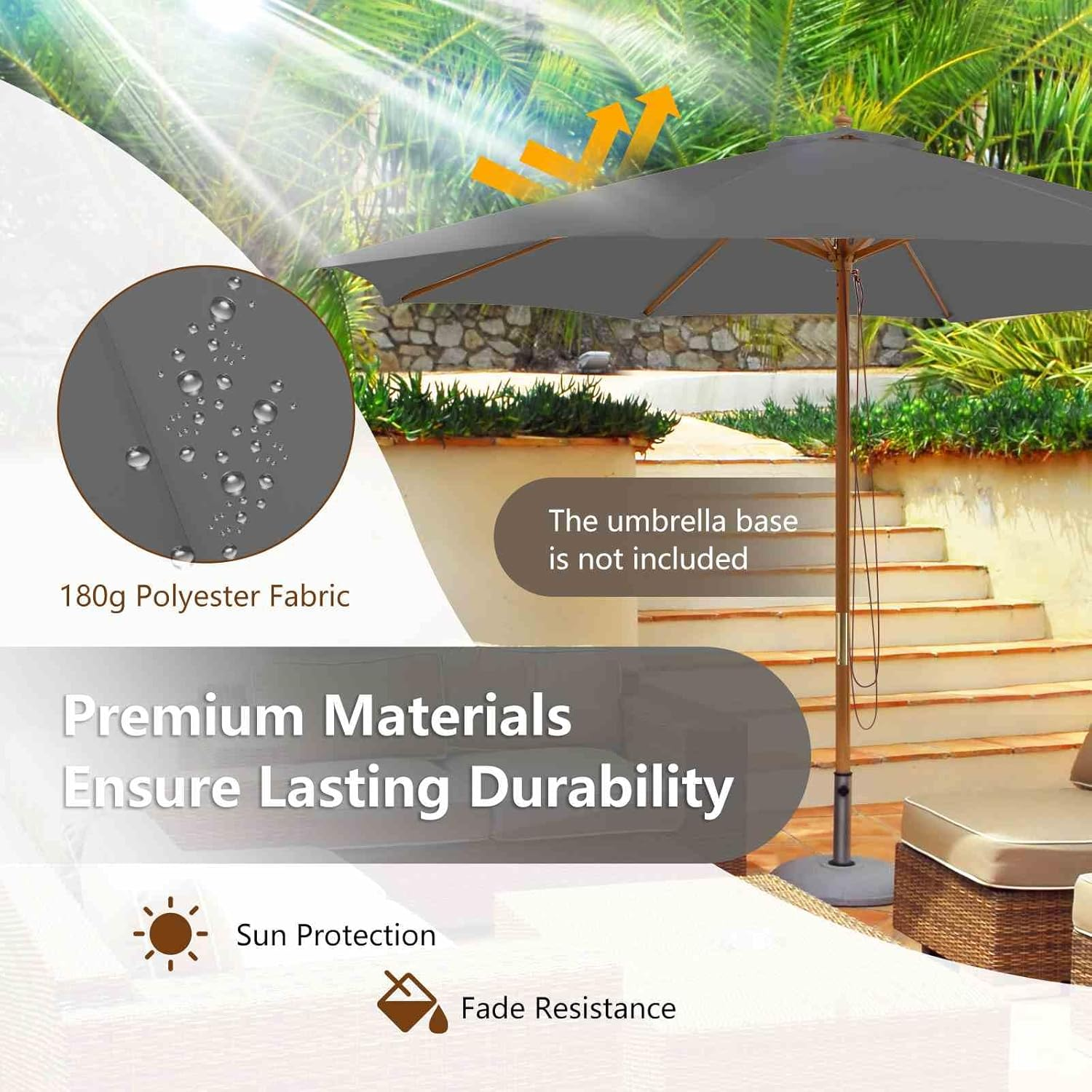 Costway 3M Patio Umbrella, Outdoor Table Market Umbrella with 8 Bamboo Ribs, Pulley Lift and Ventilation Hole, Outdoor Sunshade Umbrella for Poolside, Backyard and Beach - Gray image number 6