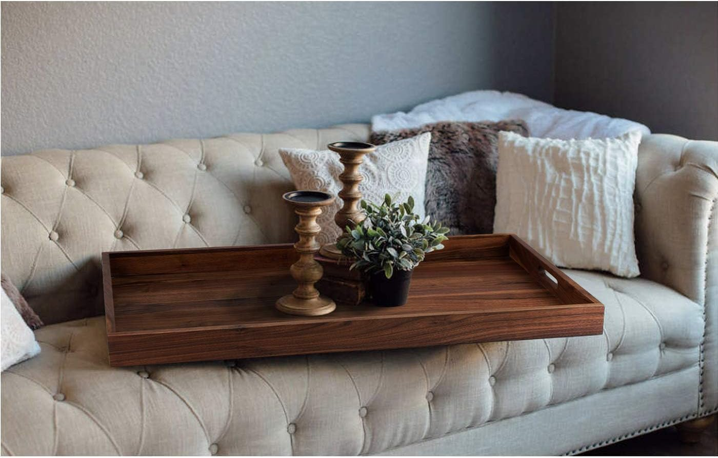 MAGIGO 32 X 18 Inches Extra Large Rectangle Black Walnut Wood Ottoman Tray with Handles, Serve Tea, Coffee Classic Wooden Decorative Serving Tray image number 1