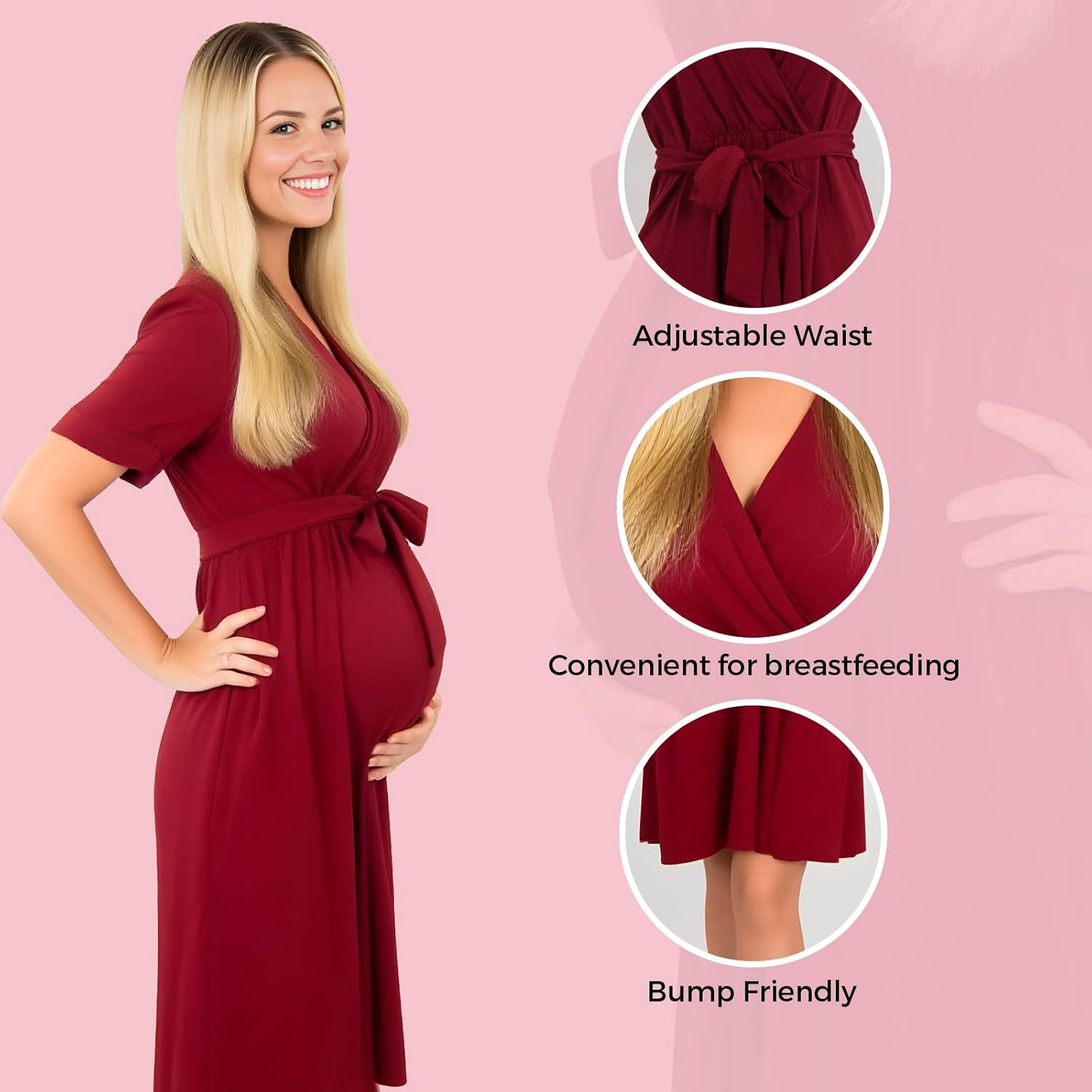 Maternity Summer Dress &ndash; Solid Color Casual Elbow Sleeve Pregnancy Dress for Women image number 3