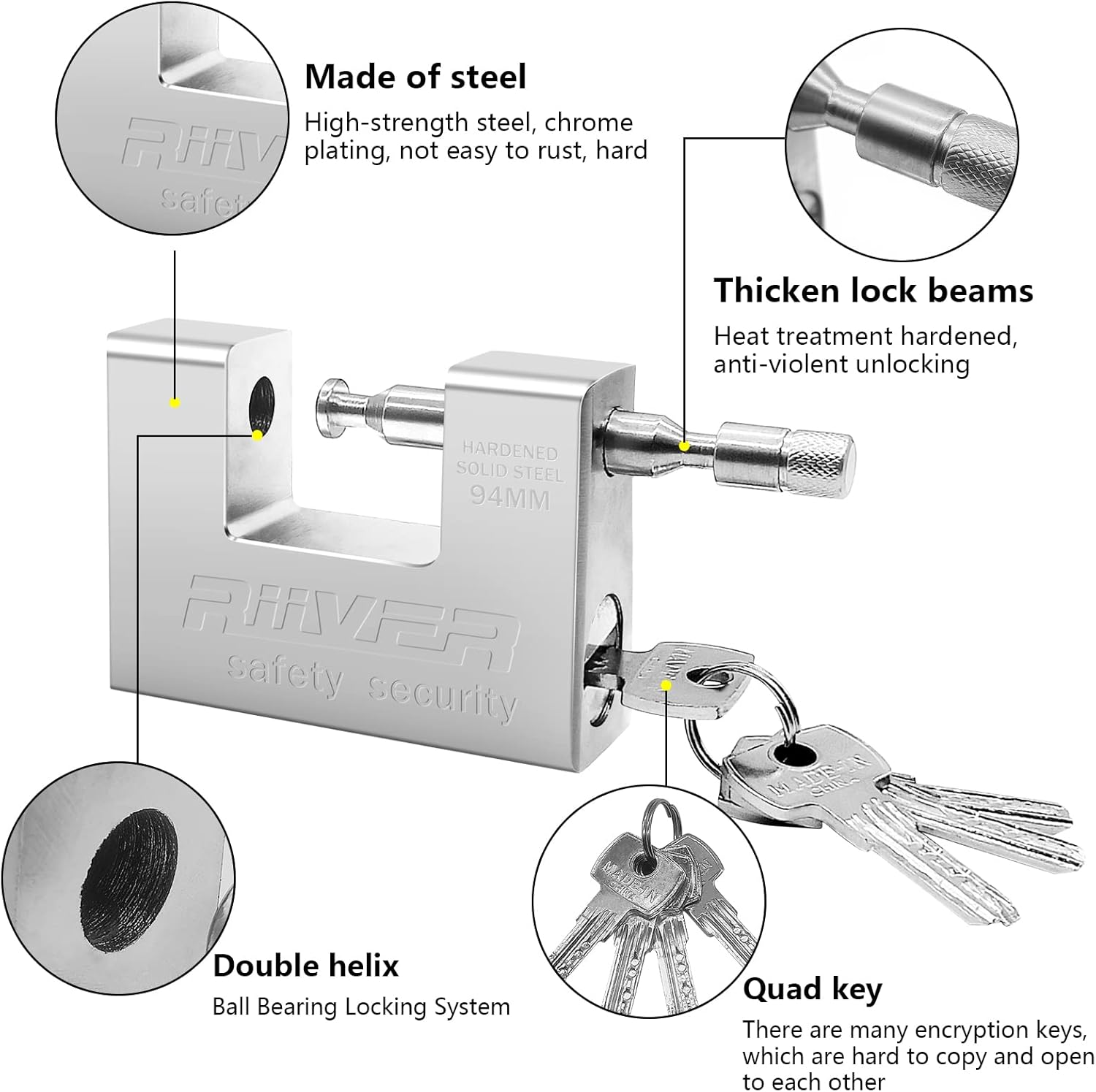 WAIZHIUA Heavy Duty Padlock 1Kg Hardened Solid Steel Hardware Monoblock Lock Security Lock with 4 Keys for Garage Warehouse Shipping Container Lockers