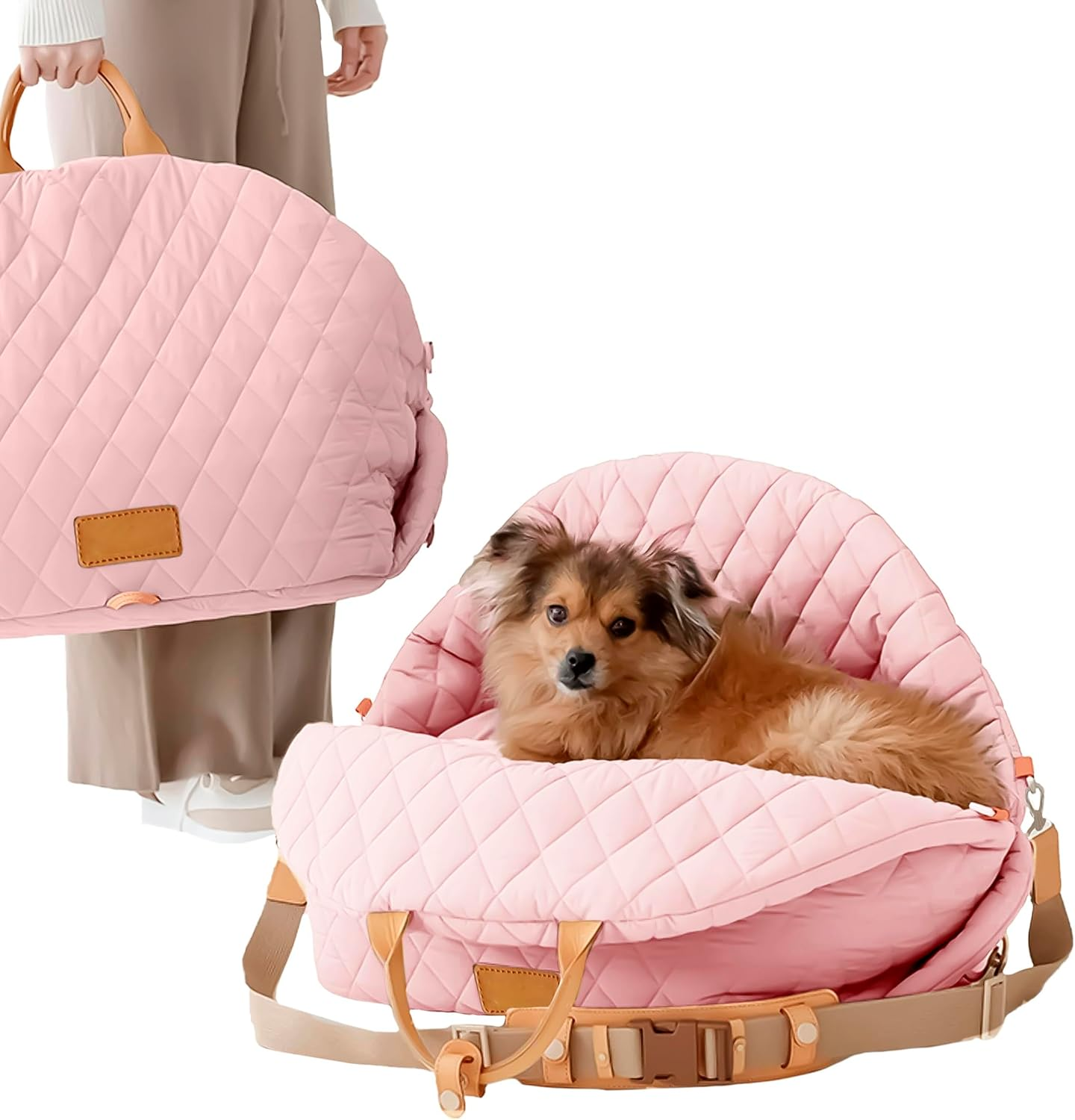 BDZBREN 3-In-1 Dog Car Seat for Small Pets 0-18Lbs，Portable Carrier, Travel Bed with Safety Leash | Waterproof, Machine Washable, Anti-Slip Base (Pink, L) - Beige image number 6