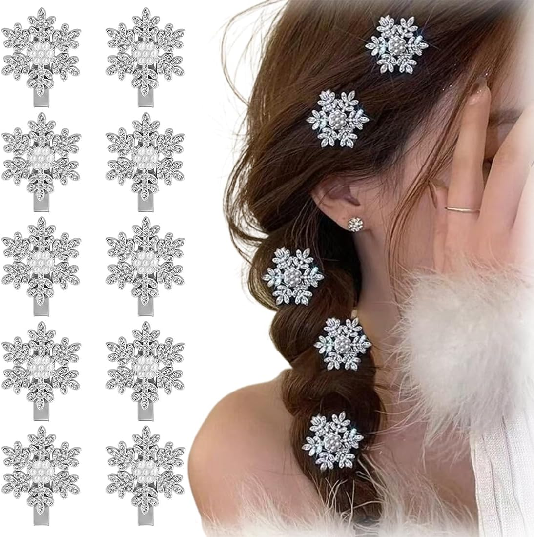 XYTAHDM Pack of 10 Christmas Snowflakes Hair Clips, Christmas Hair Accessories with Glitter Rhinestones Silver Snowflakes Christmas Hair Clip for Women Girls image number 2