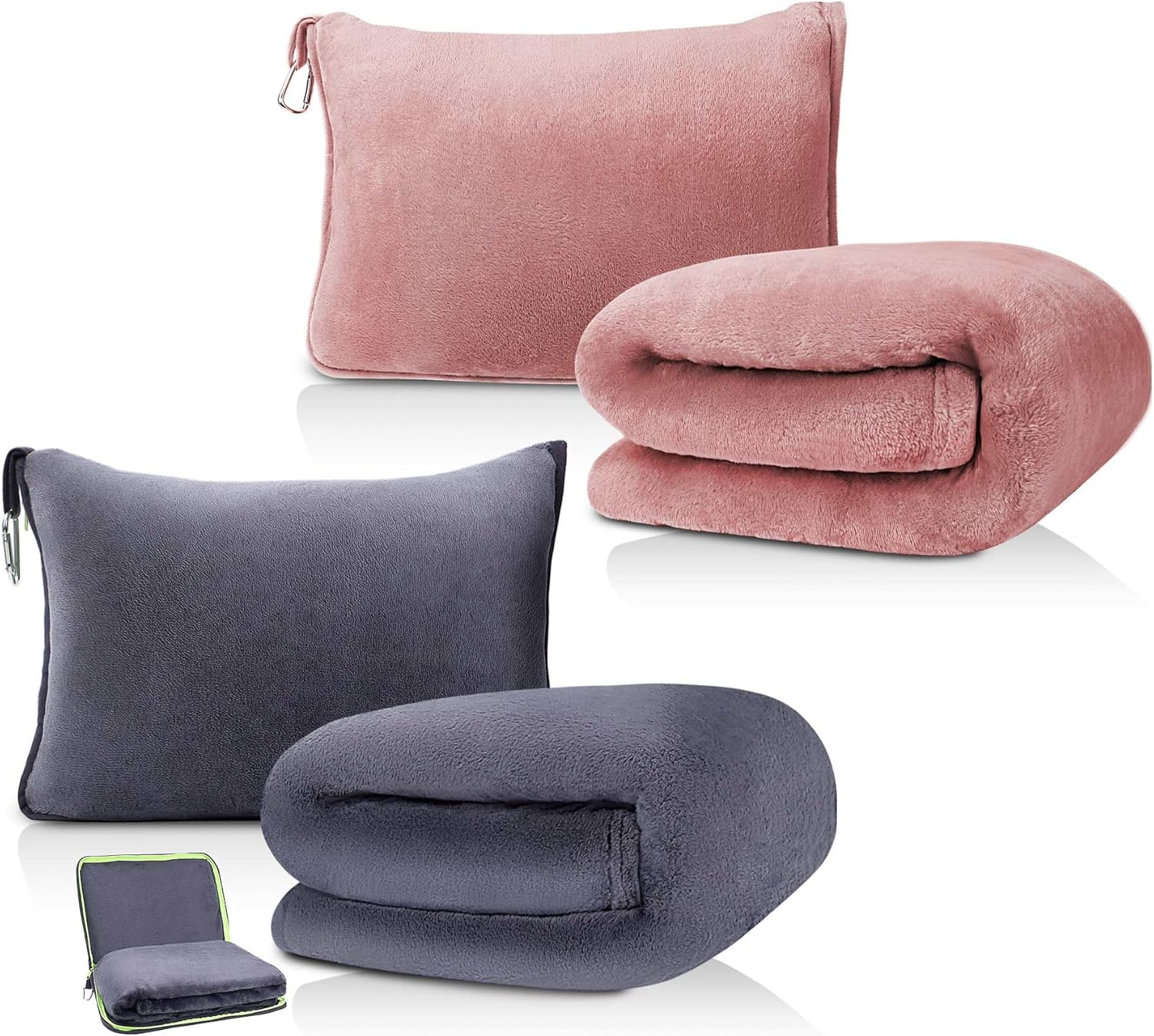 DAWNTREES 2 Pack Travel Blanket and Pillow - Travel Essentials Gifts on Airplane, Camping, Car, 2 in 1 Airplane Blanket with Soft Bag Pillowcase, Hand Luggage Sleeve and Backpack Clip. (Grey+Pink) image number 2