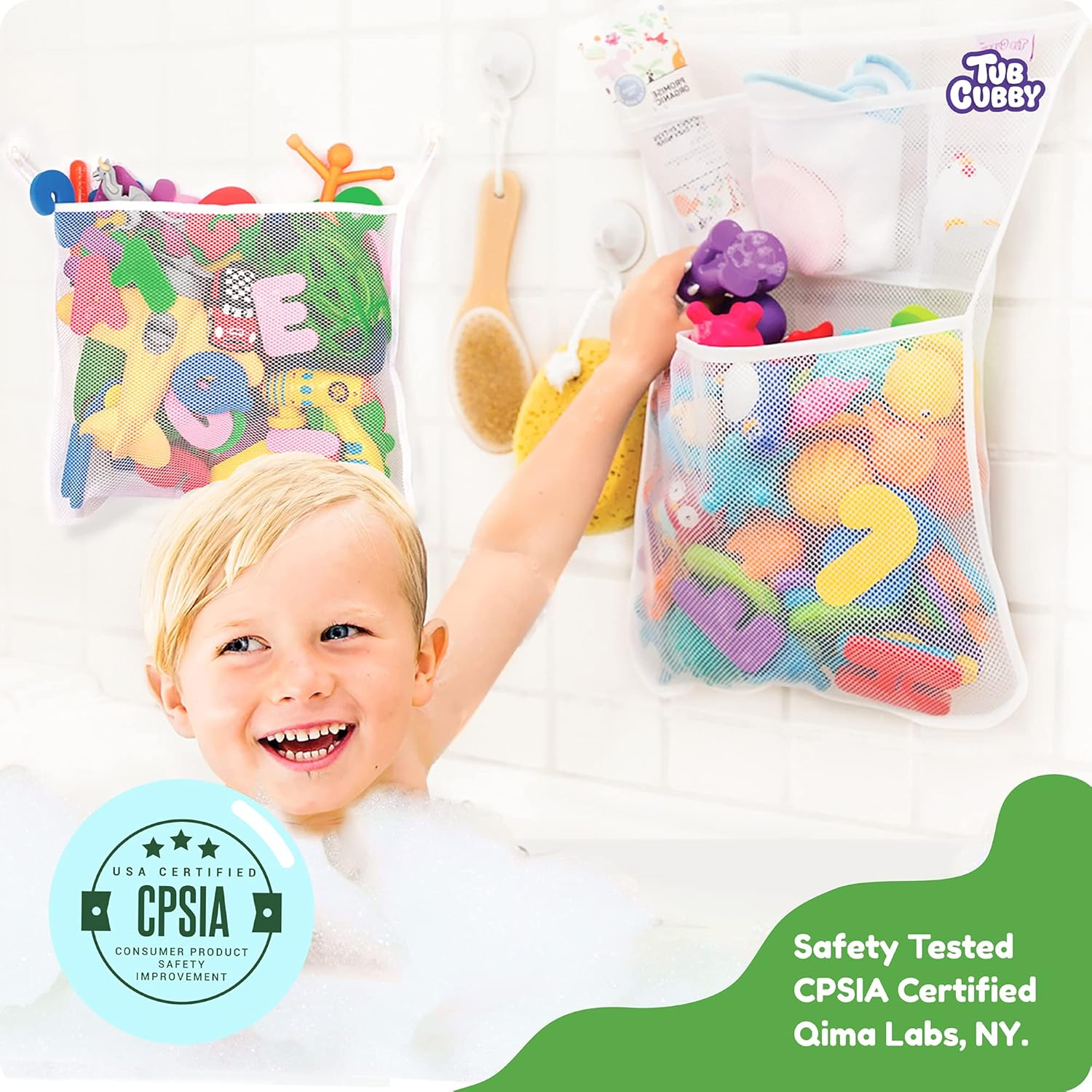 Original Tub Cubby Bath Toy Storage (2 -Pack) for Baby Bath Toys, Hanging Bath Toy Holder with Suction & Adhesive Hooks, 14X20" Mesh Net Shower Caddy for Bathtub Toys, 36 Soft Foam Letters & Numbers image number 4