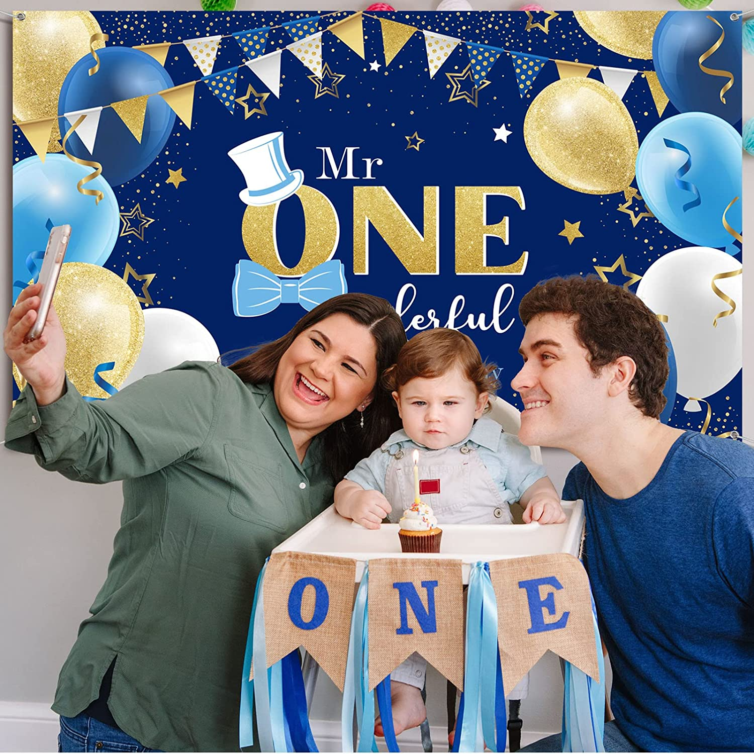 Mr. Onederful 1St Birthday Decoration Party Supplies - Happy Birthday Backdrop Photography Background with Balloons for Baby Toddler Little Man First Decor (Blue and Gold) image number 5