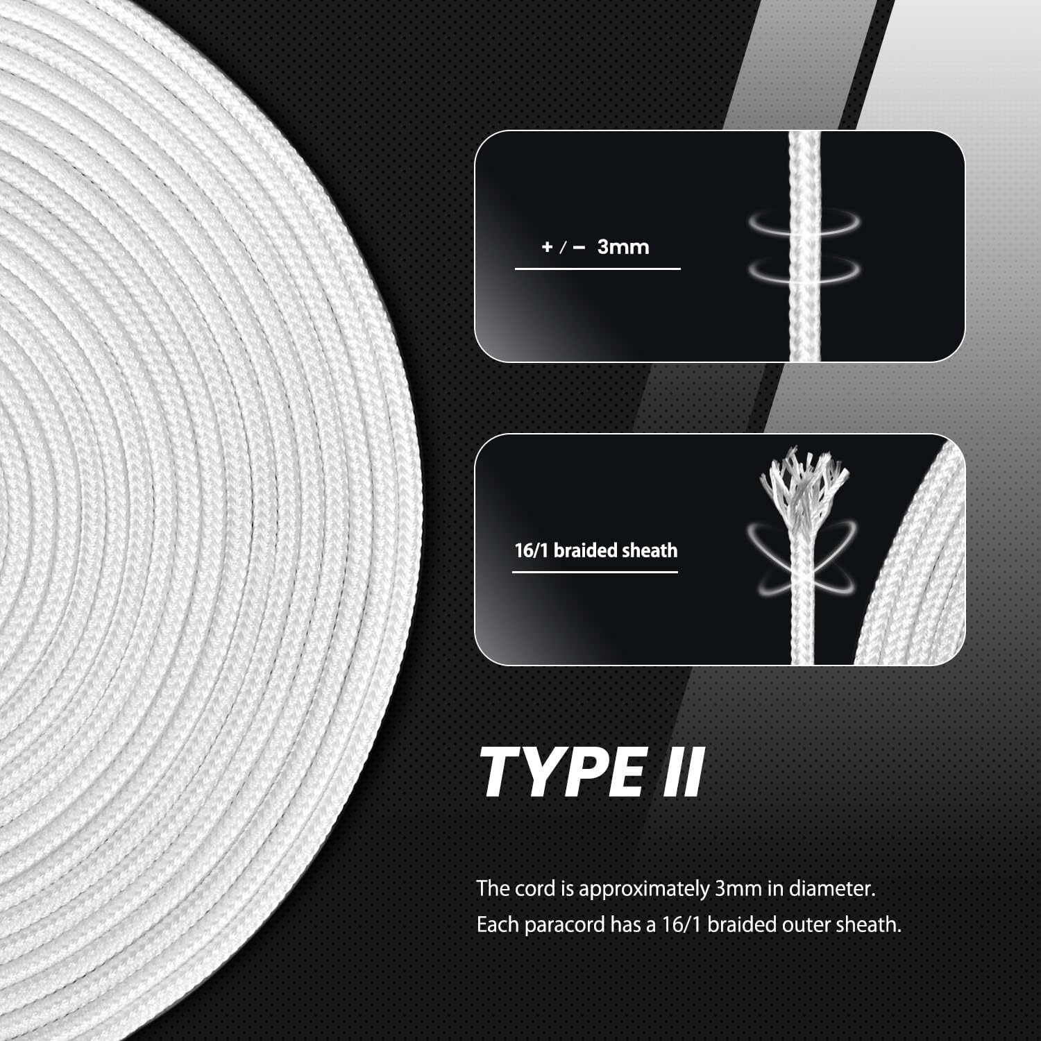 Abma Cord Paracord 3Mm 30M 100% Nylon Rope Type II 3 Strands Parachute Cord - Max. 192Kg (425Lbs) - White